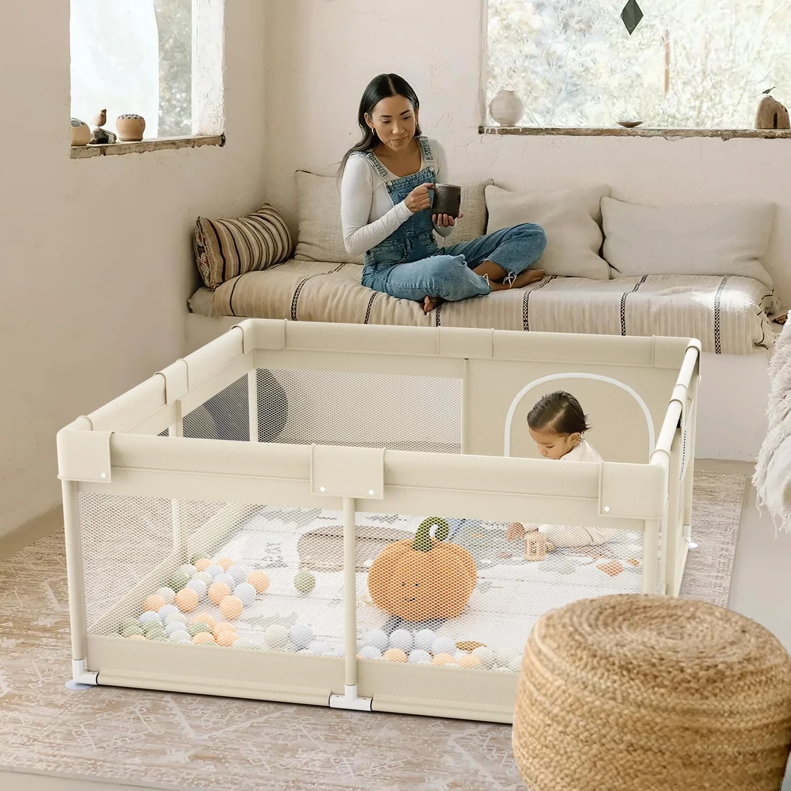 Fodoss Parc Bébé 120x120cm Avec Tapis et Matelas pour Enfant en Bas Âge