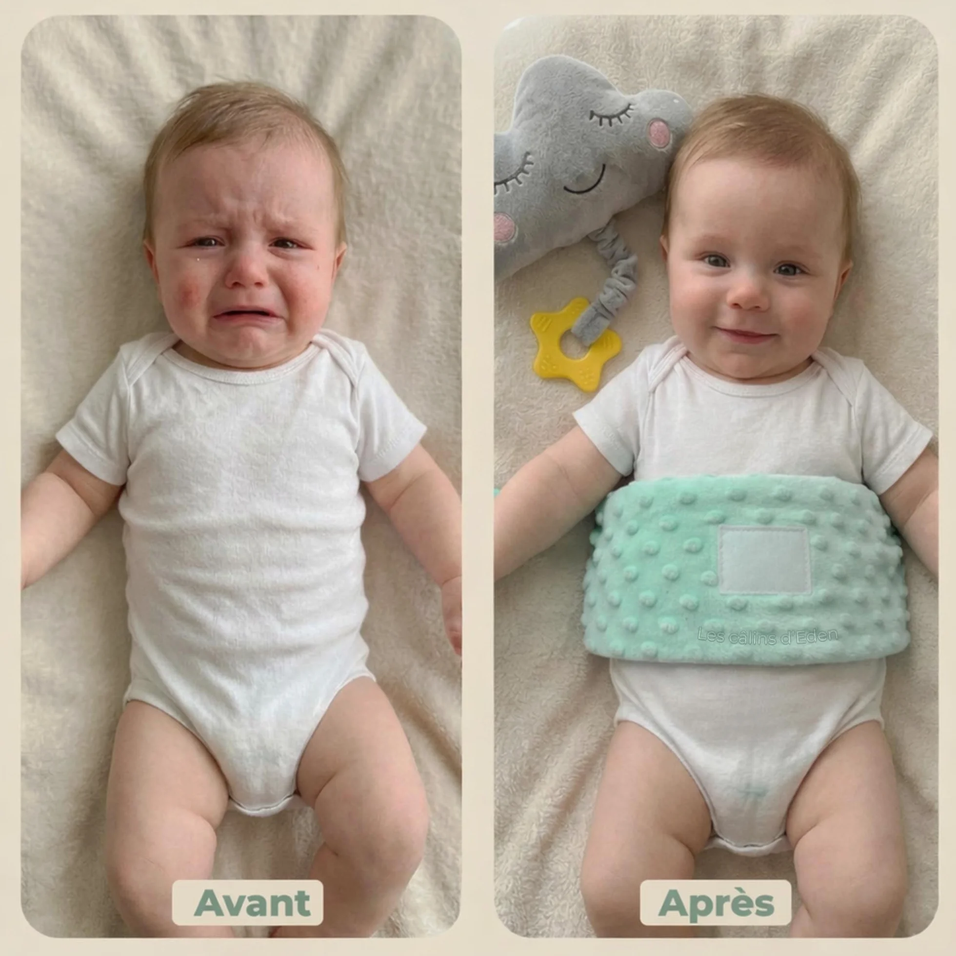 Ceinture bouillotte bébé anti-coliques poche gel chaud/froid doudou musical amovible anneau dentition silicone étoile housse satin Certifiée CE