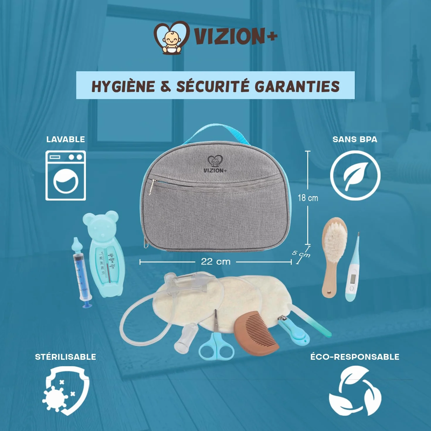 VIZION+ Trousse de Soin bébé Kit Naissance 13 Accessoires Brosse Peigne Bois Coussinets Allaitement Bambou