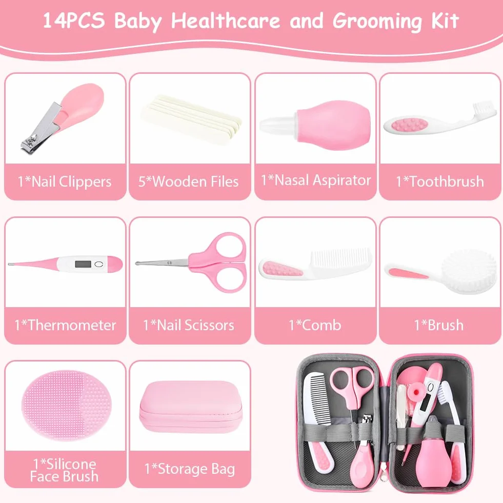 Flintronic Trousse de Soin Bébé 14 Pièces, Trousse de Toilette Compacte avec Brosse à Cheveux et Pince à Ongles