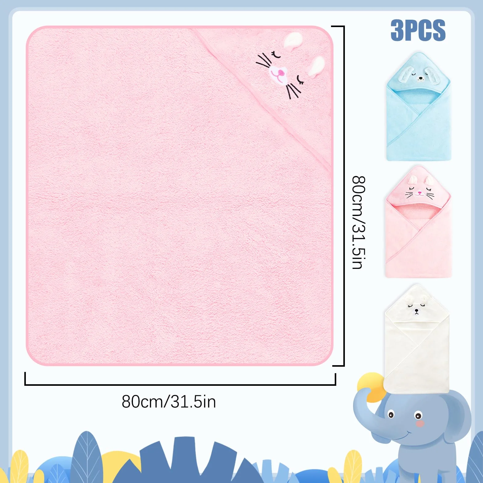 Serviette de Bain Capuche Bébé 80x80 cm Douce Absorption Rose Blanc Bleu