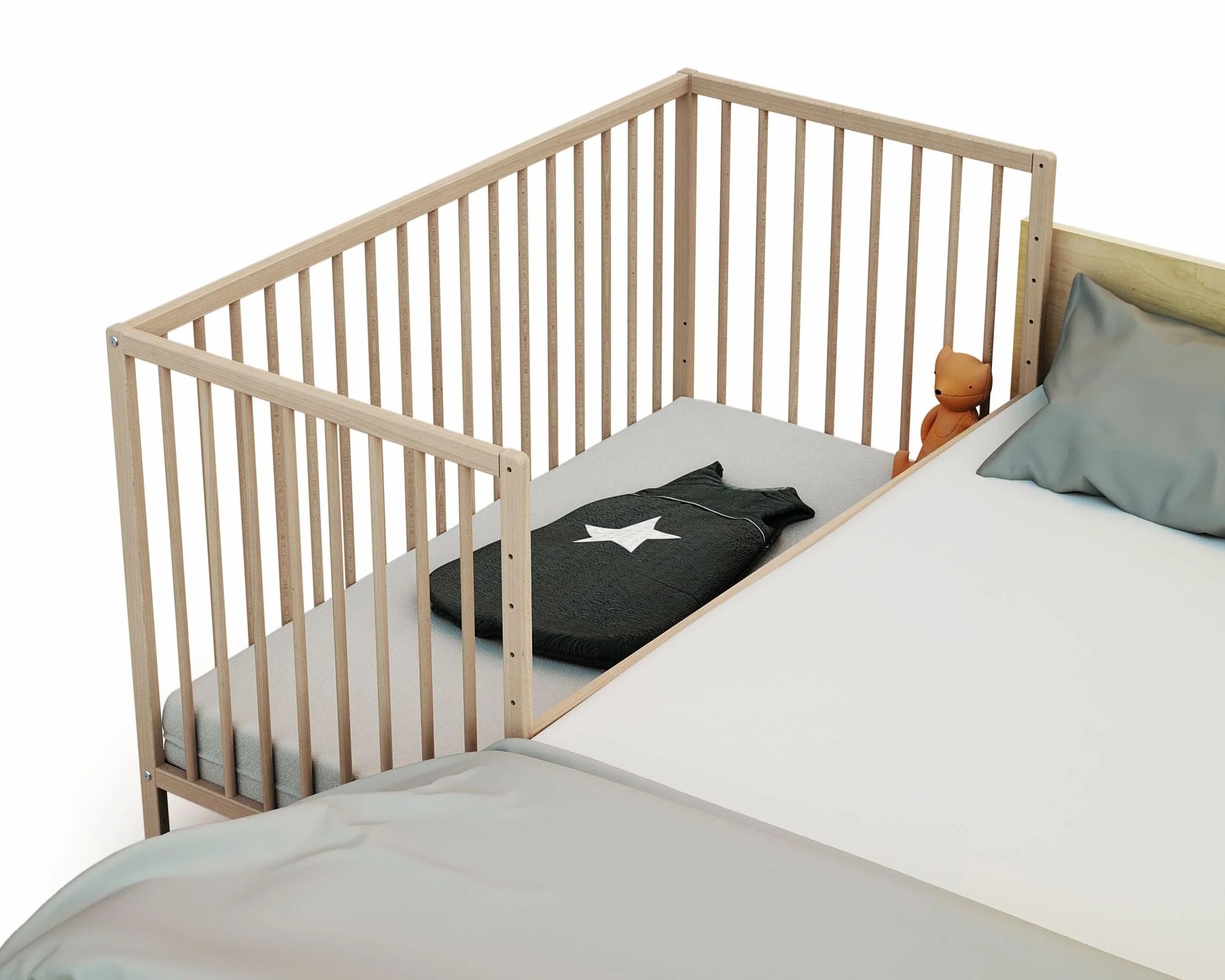 Lit bébé cododo en Bois Massif 60x120cm LIO | Réglable en Hauteur | Sommier à Lattes Beige
