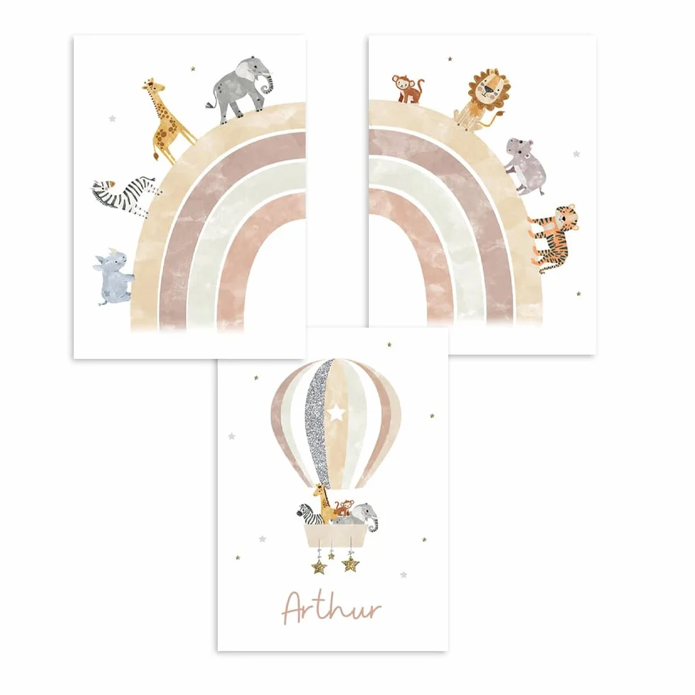 Affiche Animaux Chambre Bebe 30x40cm Poster Personnalisé Prenom Enfant Lion Elephant Arc en Ciel Montgolfière Tableau Savane Toile Cadeau sans Cadre