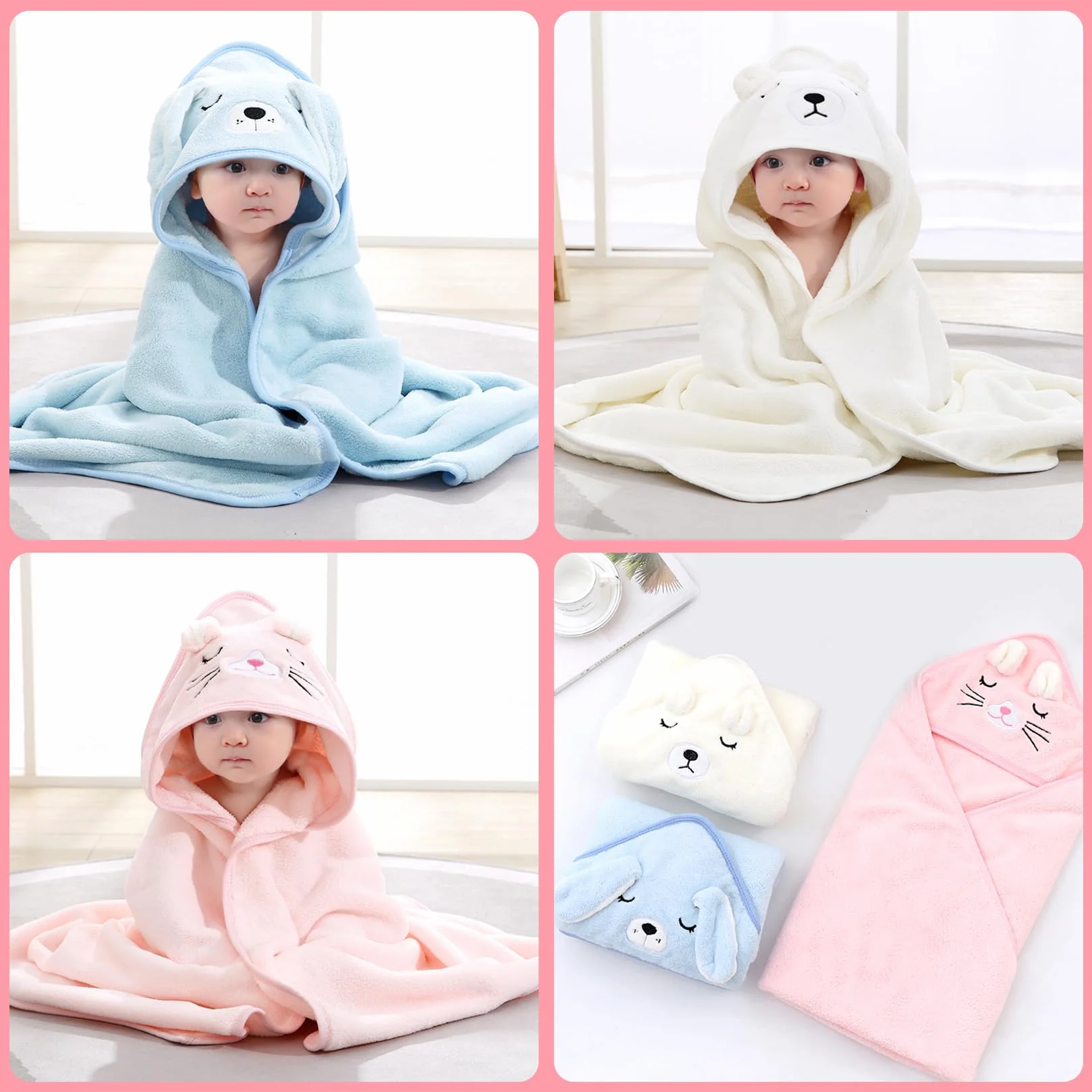 Serviette de Bain Bébé 3 Pièces 80x80cm Douce Absorption Forte Lavable Machine 0-5 Ans