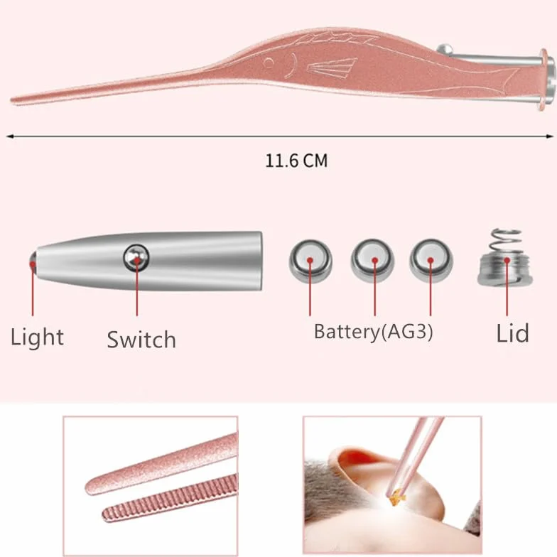 Pince à épiler LED avec lampe de poche étanche, nettoyage doux des oreilles, Rose Gold
