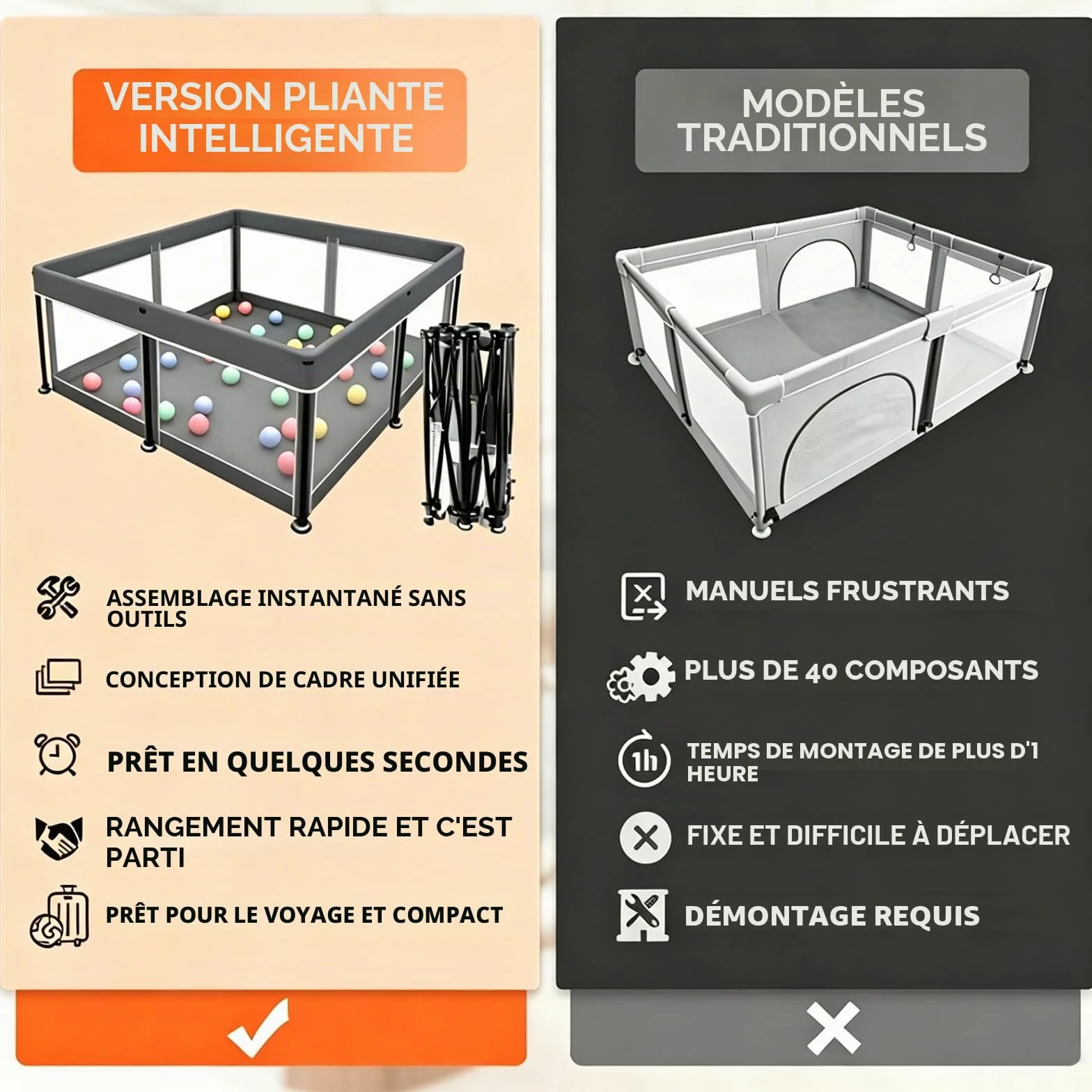 Parc pliable pour bébé avec tapis, portable, spacieux, robuste, installation rapide