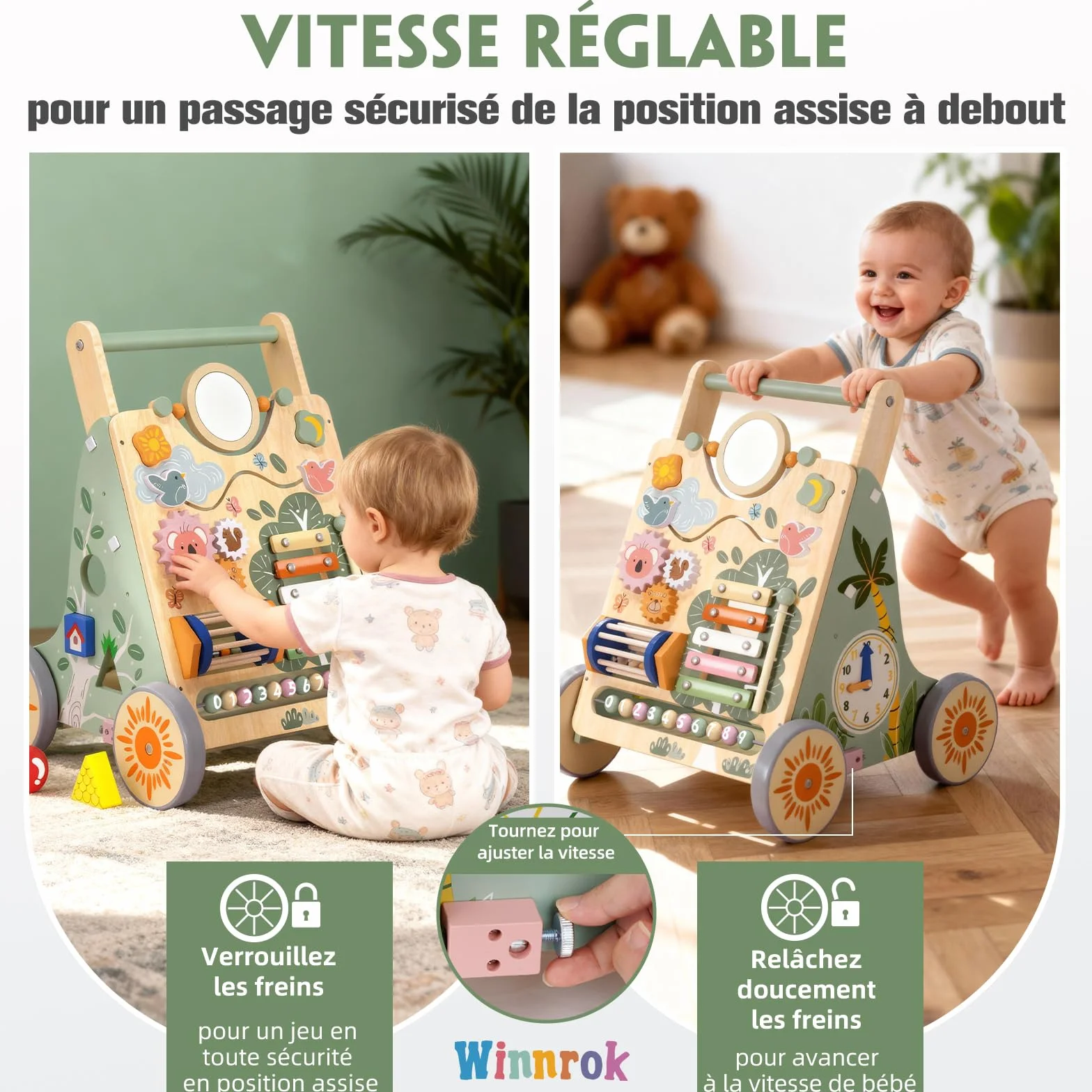 Chariot de Marche en Bois Montessori pour Bébé, Centre d'Activités, Trotteur Réglable 6-24 Mois