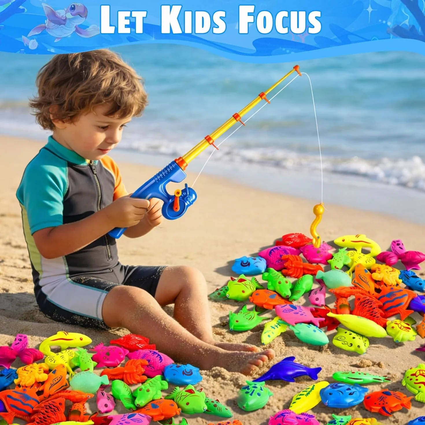 Jouet de Pêche Aquatique Éducatif 3+ Ans avec 30 Animaux Flottants Set Magnétique 2 Cânes & 2 Épuisettes