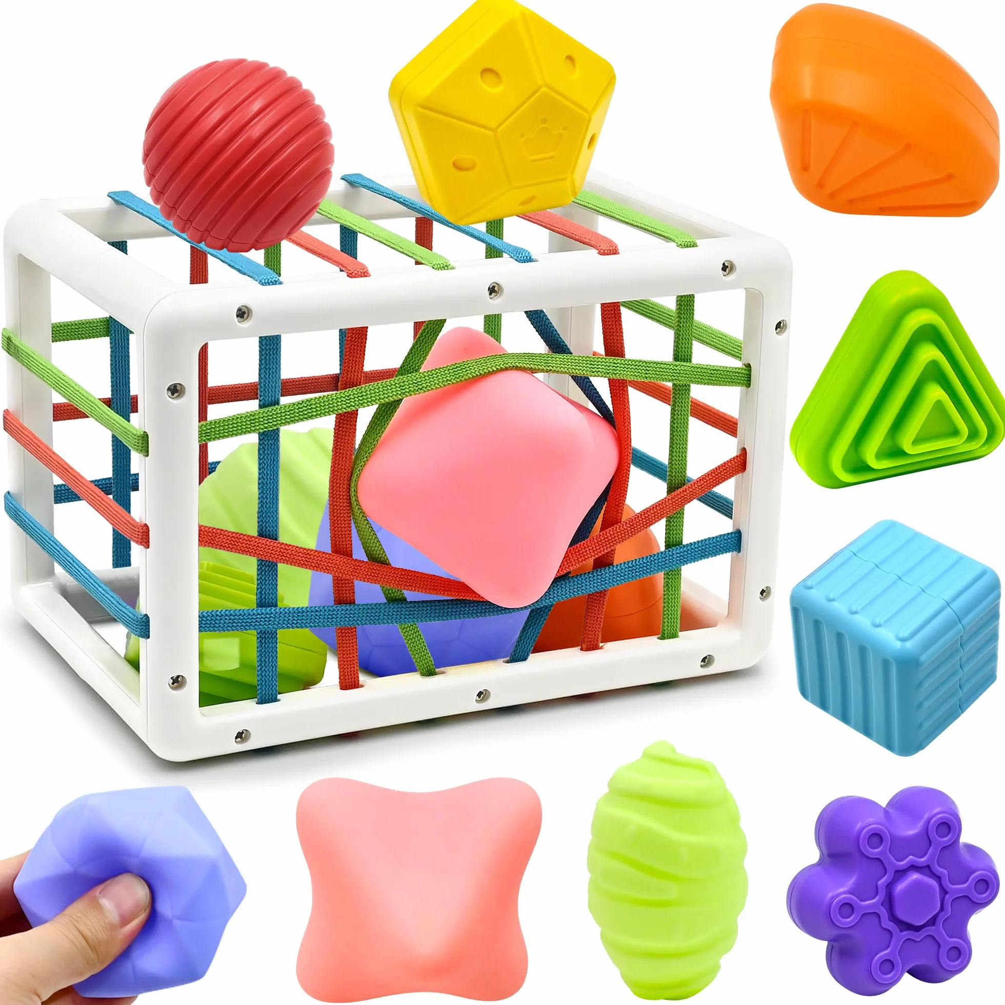 Jouet Montessori Sensoriel Bébé 12-18 Mois, Trieur de Formes avec Boules Texturées, Cube d'Activité de Développement