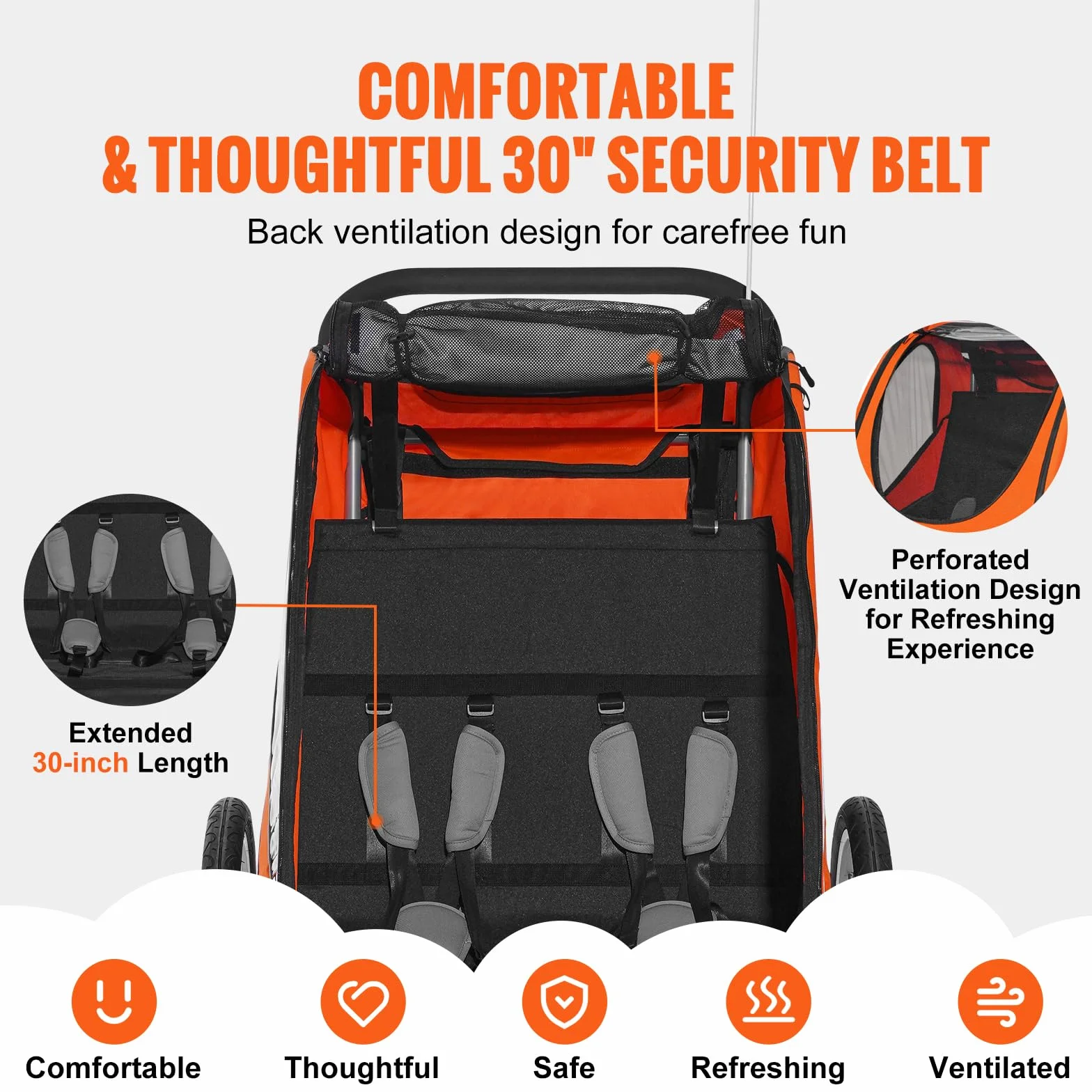 VEVOR Remorque de vélo pour Enfants Double Siège 55 kg 2en1 Pliable Poussette Orange Gris