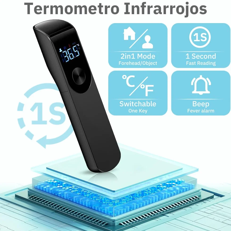 Thermomètre Frontal Infrarouge Sans Contact Bébé et Adultes avec Alerte Fièvre, Écran LCD, Lecture Instantanée, Noir