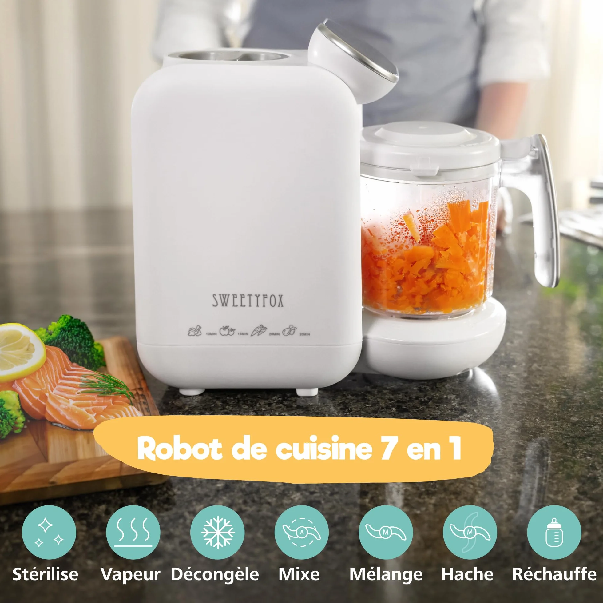 Sweety Fox Robot Cuiseur Bebe 7 Fonctions Vapeur Mixeur Pulse Nettoyable Stérilise Réchauffe Décongèle