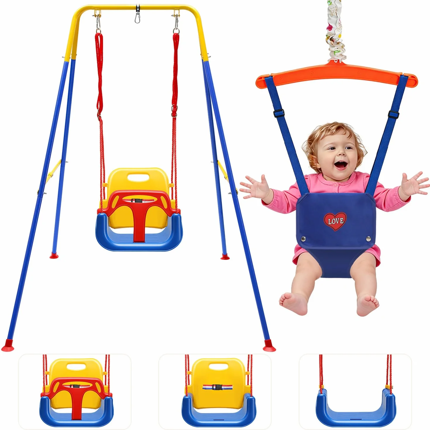 Balançoire pour bébé 4 en 1 avec armature, ceinture de sécurité, pliable, pour intérieur et extérieur