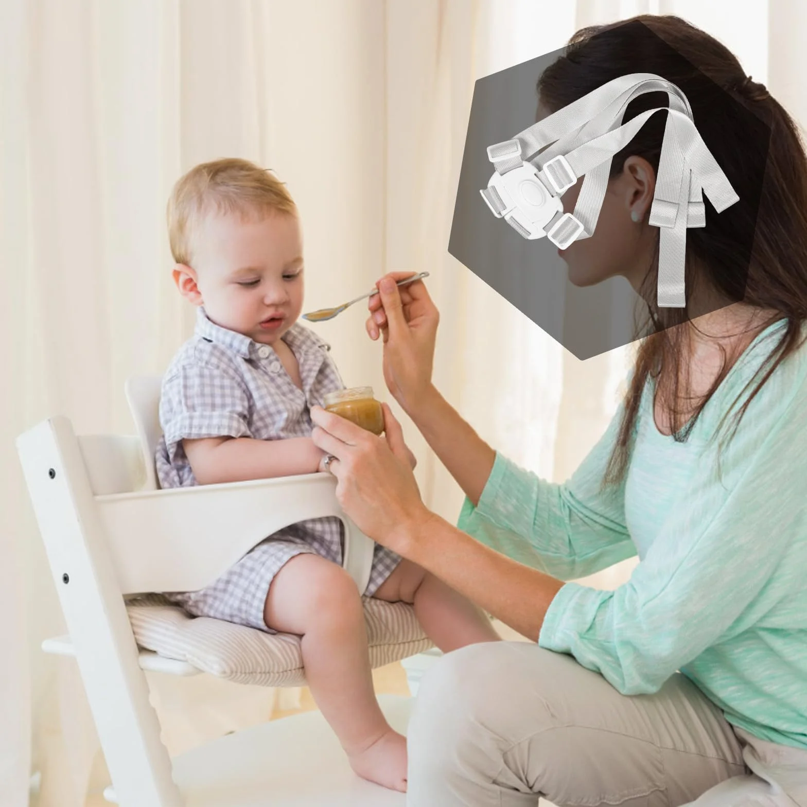 Harnais de Sécurité 5 Points Blanc pour Chaise Haute et Poussette, Sangles Réglables, Accessoire Bébé