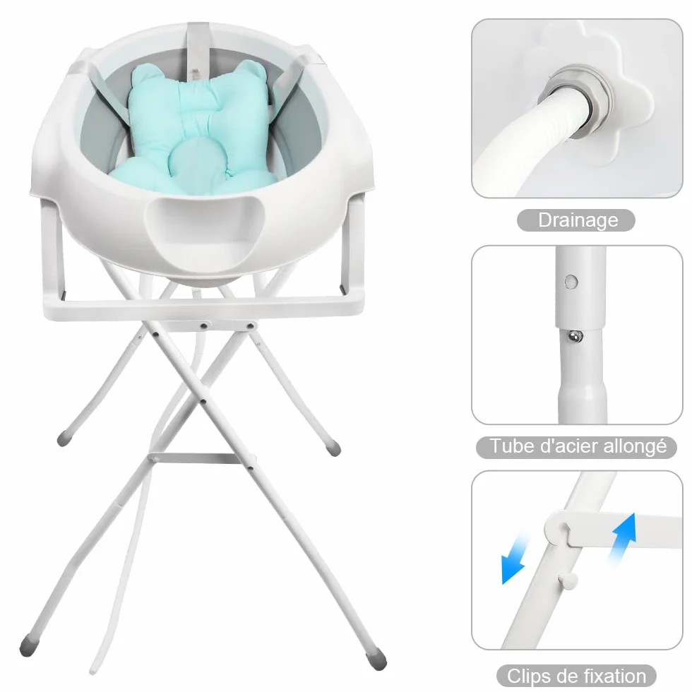 Baignoire Bébé Pliable XXL 2 en 1 sur Pied avec Support, Coussin, Drainage pour Nouveau-nés et Tout-petits (Gris)