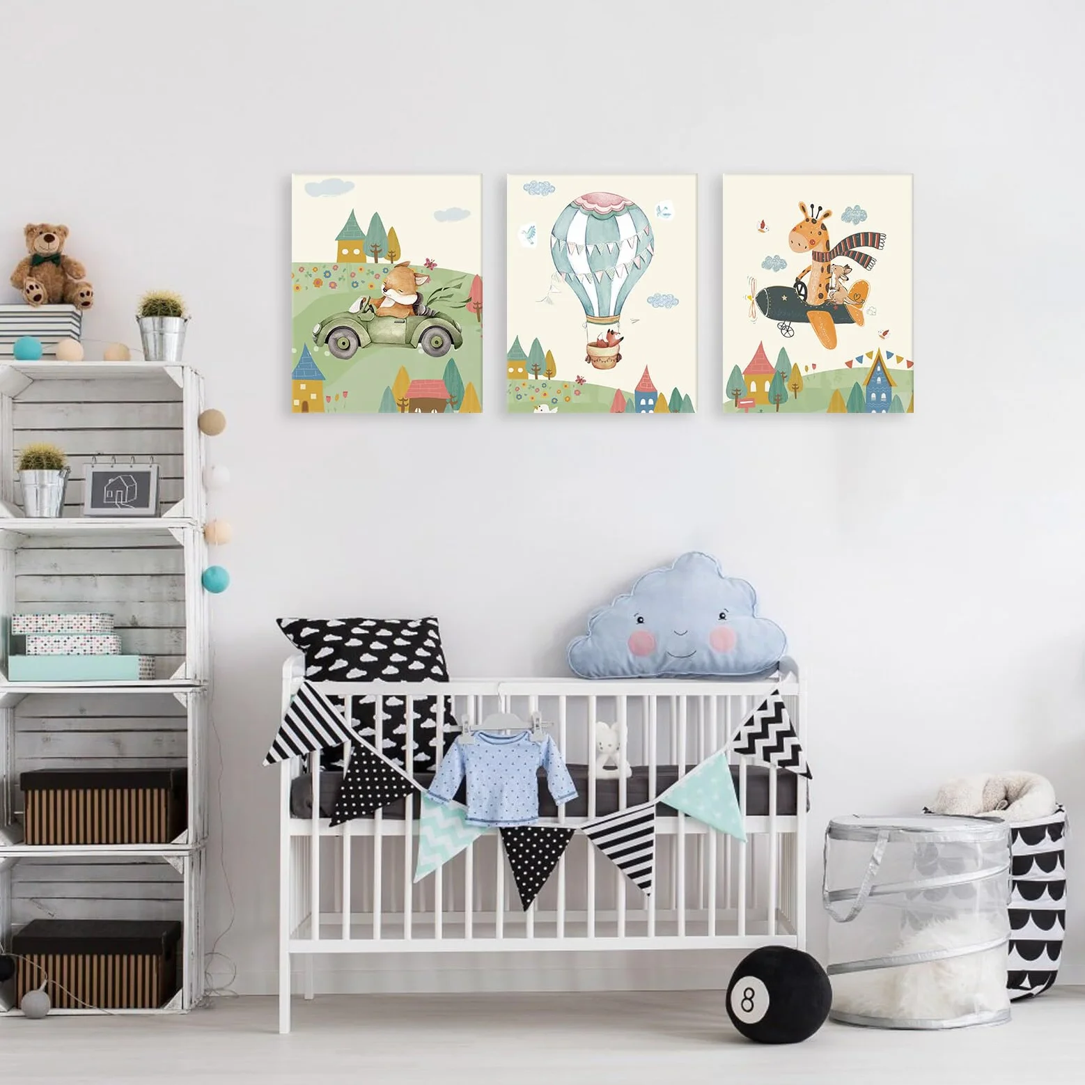 KAIRNE Lot de 4 posters animaux avec cadre 20x25 cm motifs avion montgolfière tableaux muraux chambre bébé