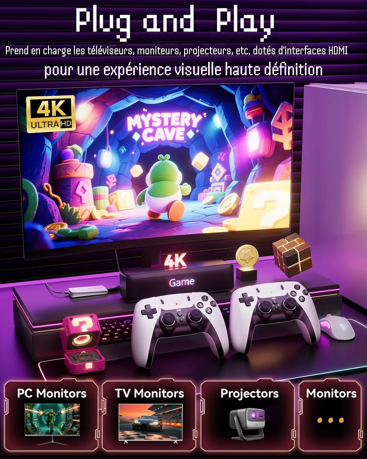 Console de Jeux Rétro Rexoplay avec HDMI 4K, 23 Émulateurs, 40000+ Jeux, Manettes Sans Fil 2.4G