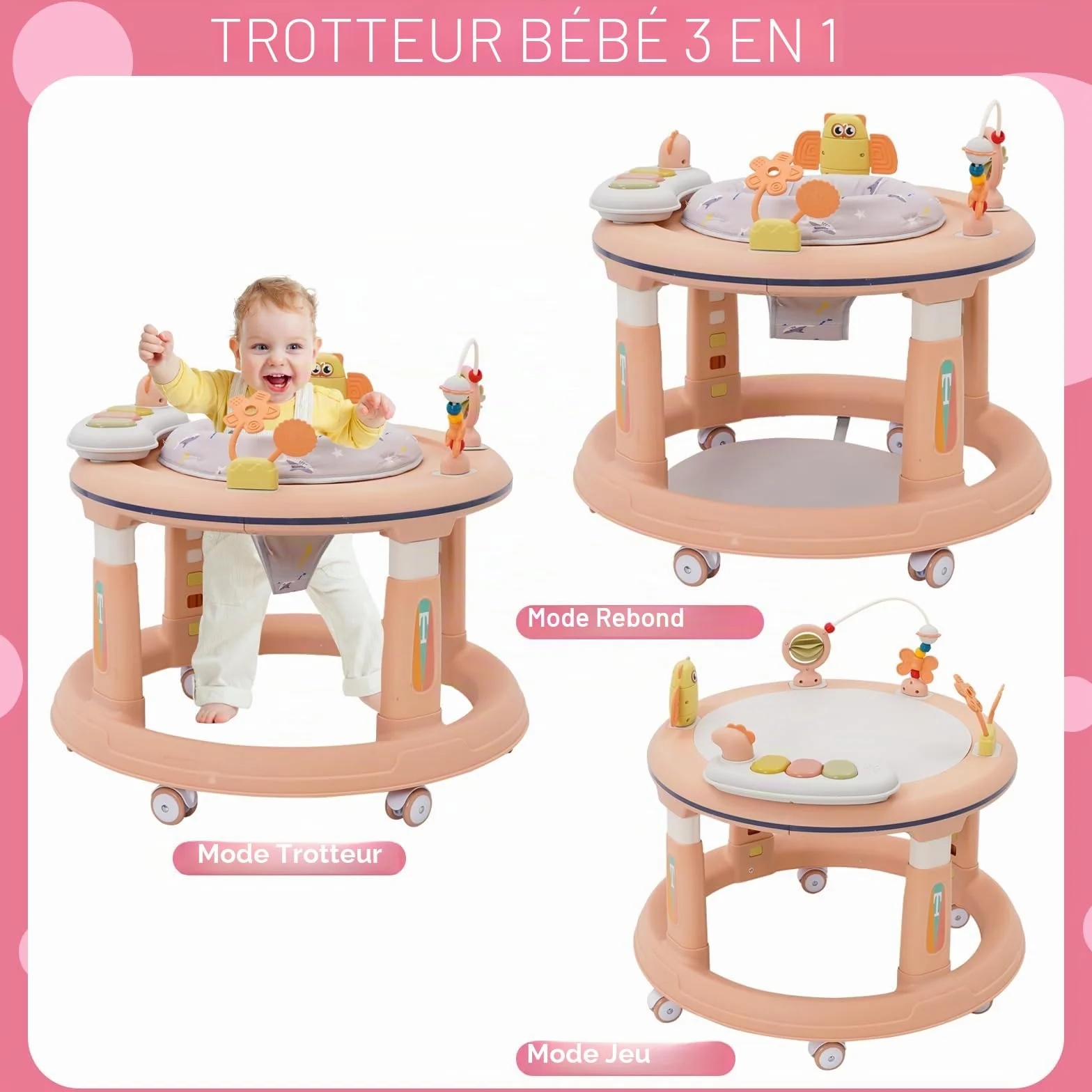 Bébé Trotteur 3 en 1 Marcheur Table d'étude Sauteur Réglage Hauteur 5 Niveaux Anti-O-Legs Roues Silencieuses 360° Rose