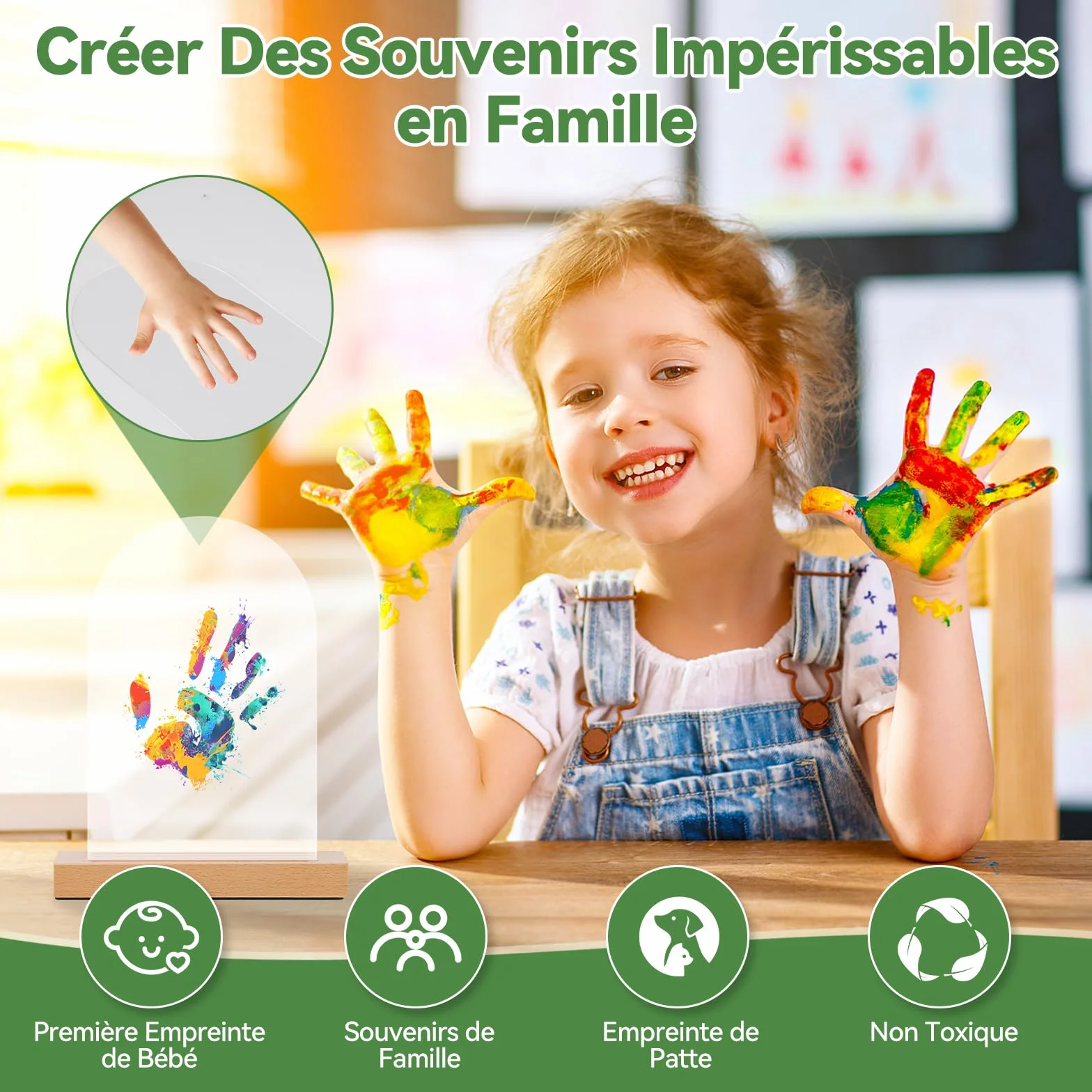 Empreinte Main Famille pour 4, Base en bois avec LED lumière, Cadre Empreintes Bebe Cadeau Fete des Meres