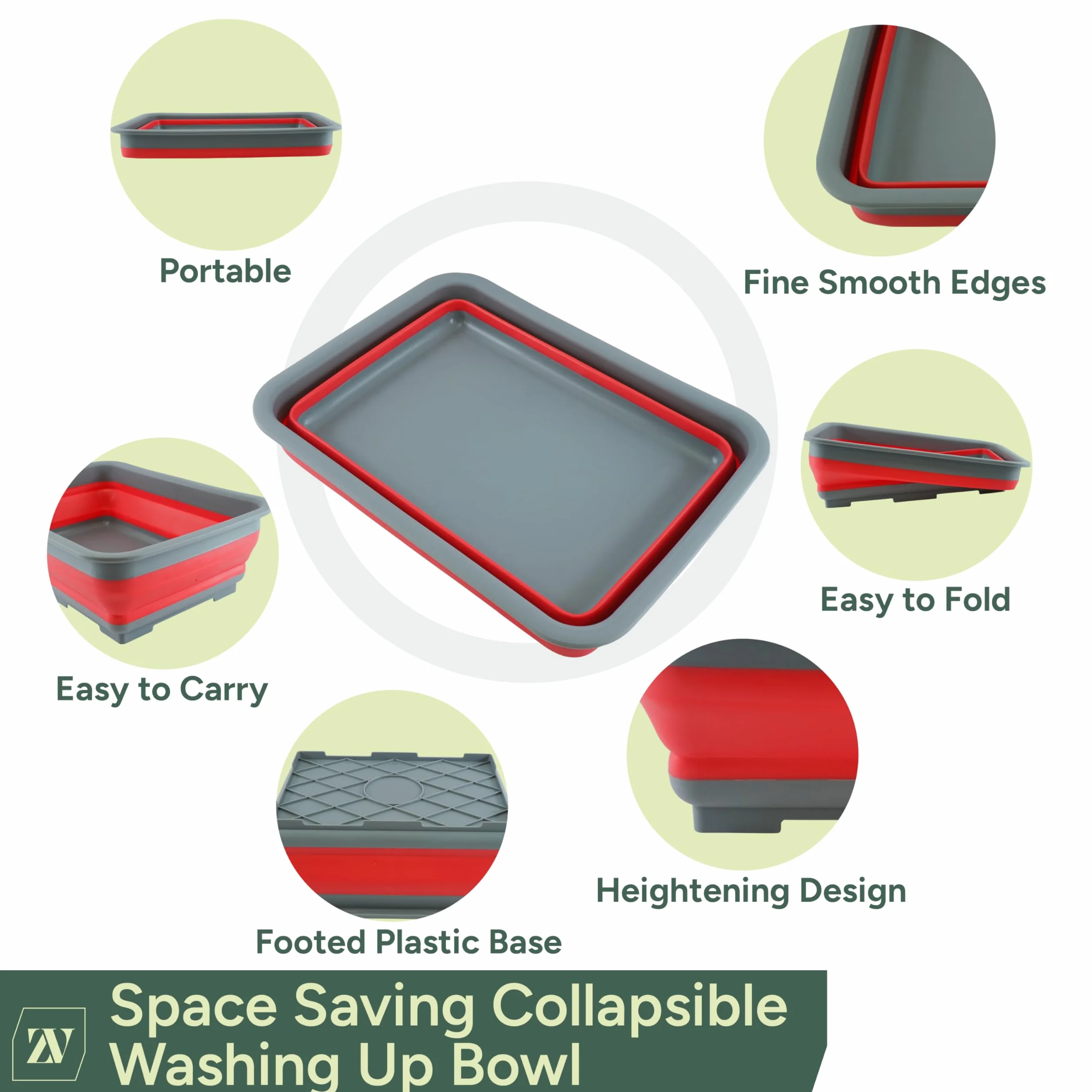 Zuvo Bassine Pliable 10L – Bassine de Vaisselle Pliable Portable Récipient Rectangulaire Gain de Place Cuisine Camping Caravaning Extérieur Rouge Gris
