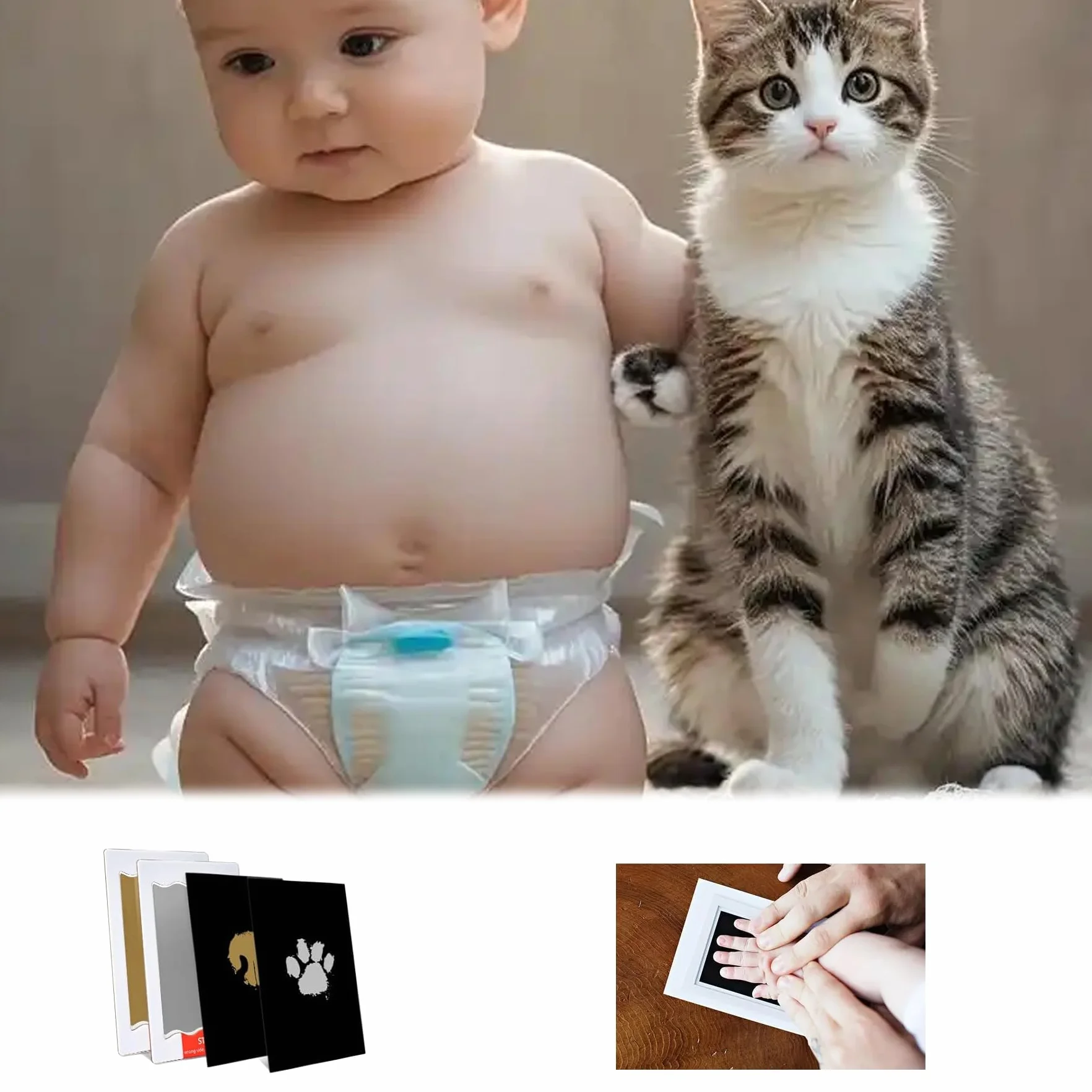 Kit Empreinte Bébé 6 Pièces Or et Argent Main Pied avec 12 Cartes Tampons Sans Encre Cadeau Souvenir
