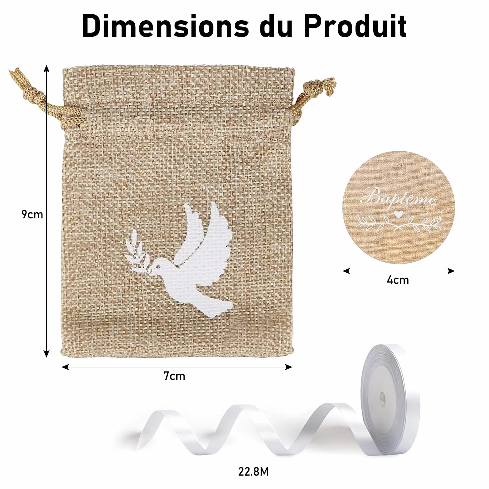 FINEVERNEK 20PCS Sachets Dragées Baptême avec Étiquettes et Ruban Blanc Pochette Dragée Motif Colombe
