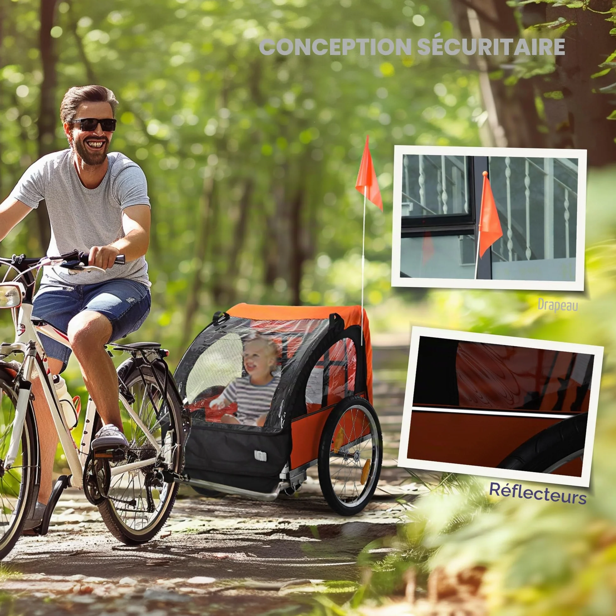 HOMCOM Remorque vélo enfants 2 sièges ceintures sécurité cadre acier housse Oxford Orange