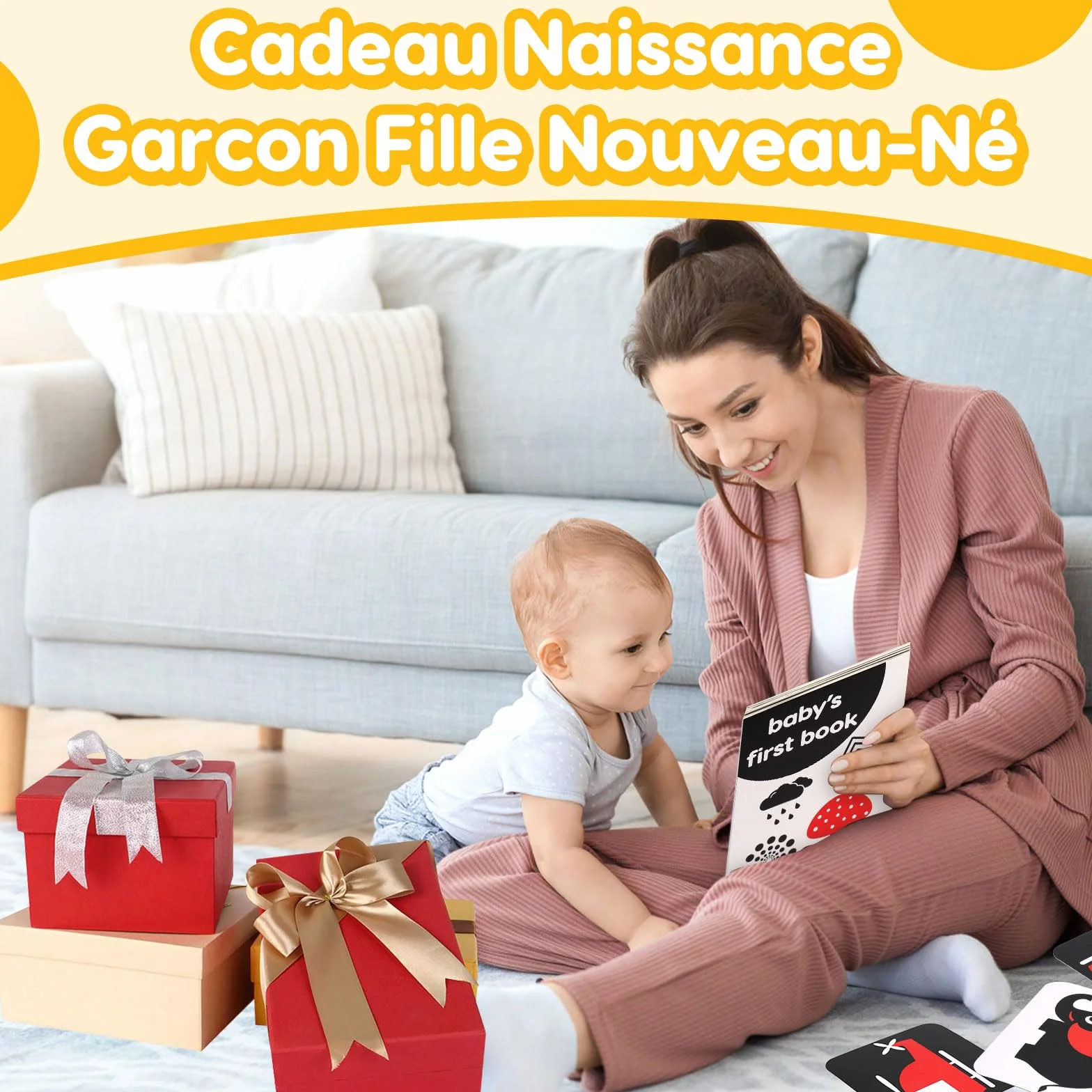 Livre Eveil Bebe 0-6 Mois Noir et Blanc Sensoriel avec Miroir Tummy Time, Carte Contraste Montessori Jeux d’eveil Jouet Cadeau Naissance