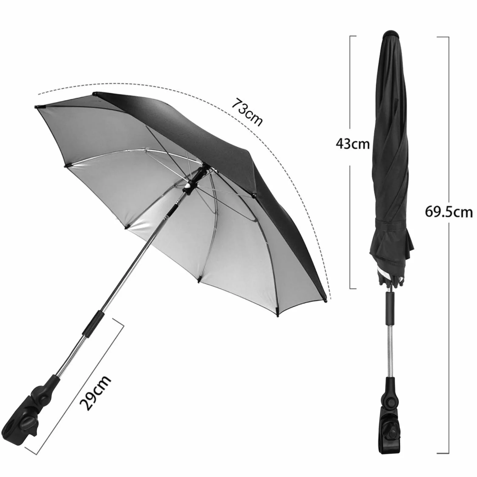 Parasol Poussette Universelle Anti UV 50+ Diamètre 73 cm Noir