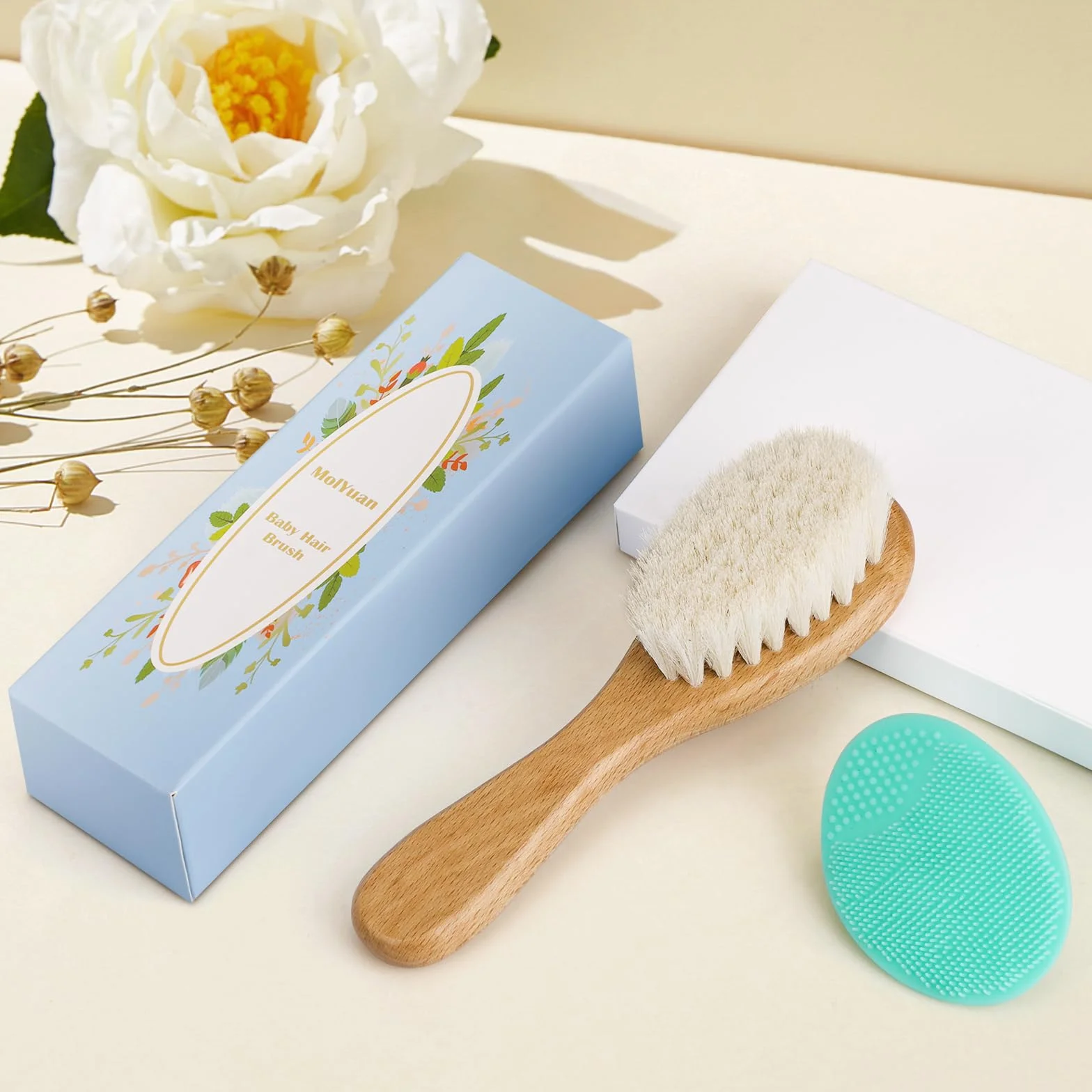 Brosse cheveux bébé en bois poils de chèvre doux pour nouveau-né garçons filles vert