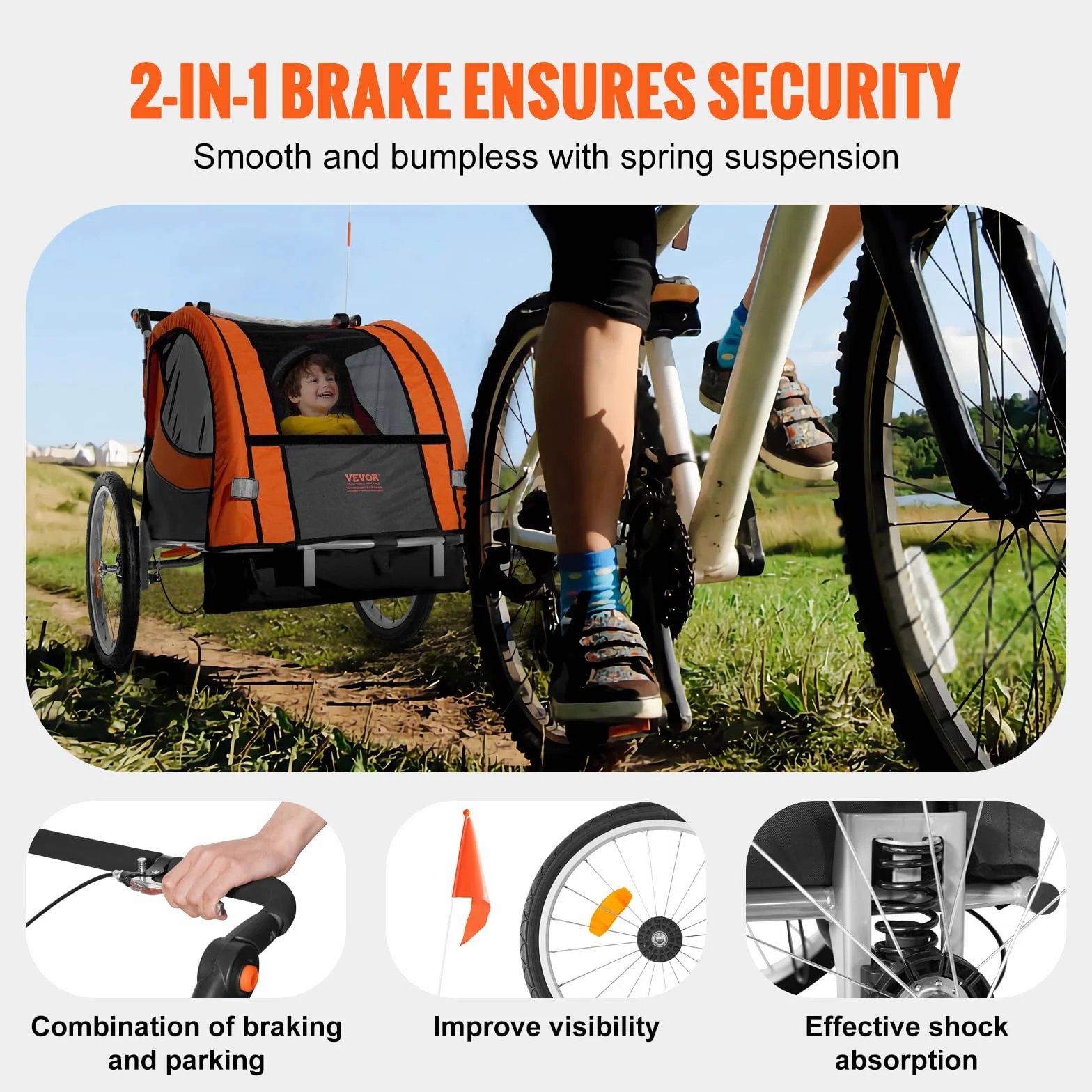 VEVOR Remorque vélo enfants double siège 40 kg 2en1 poussette pliable attelage universel Orange Gris