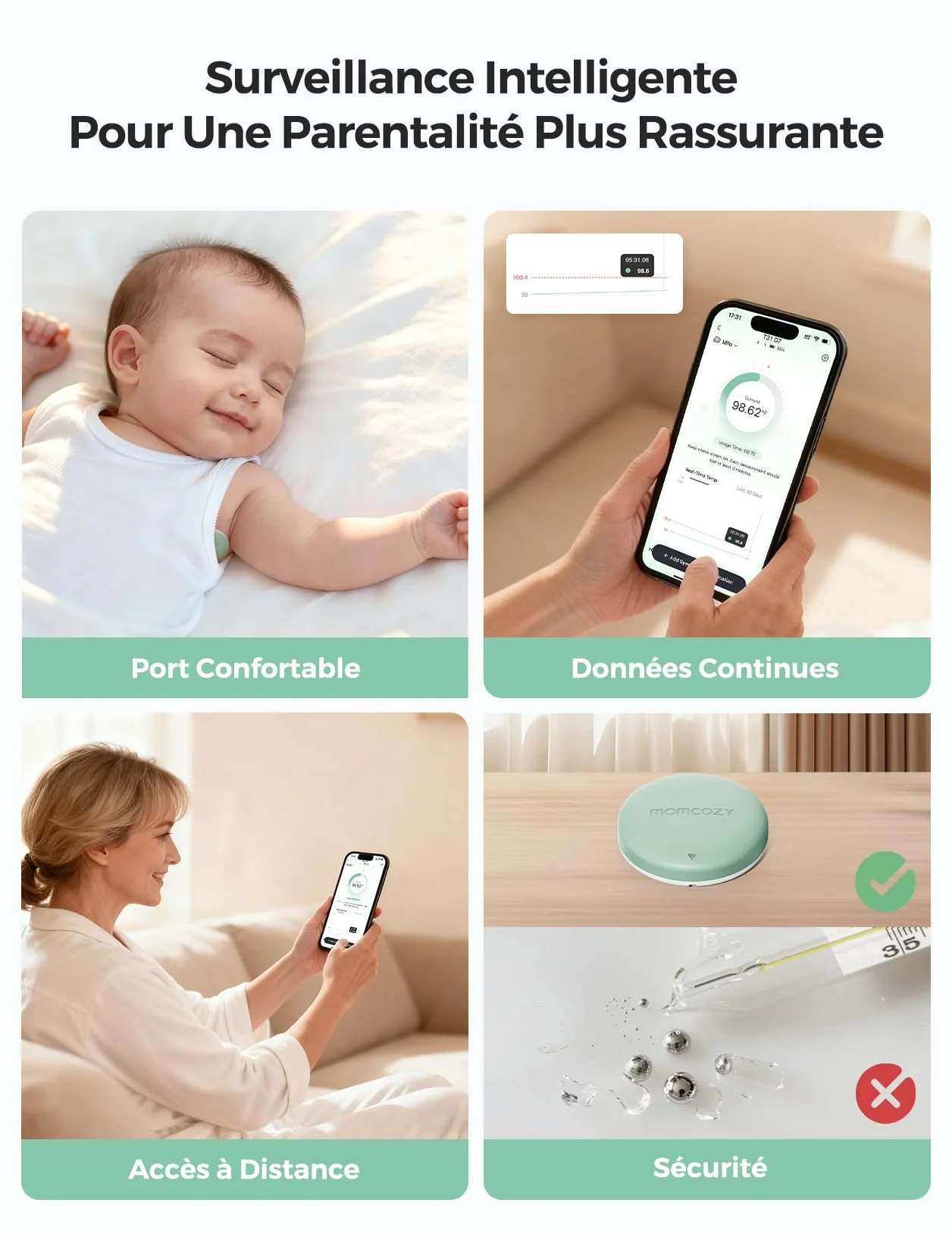 Momcozy Thermomètre Numérique Portable pour Bébé, Qualité Médicale, Bluetooth, Vert