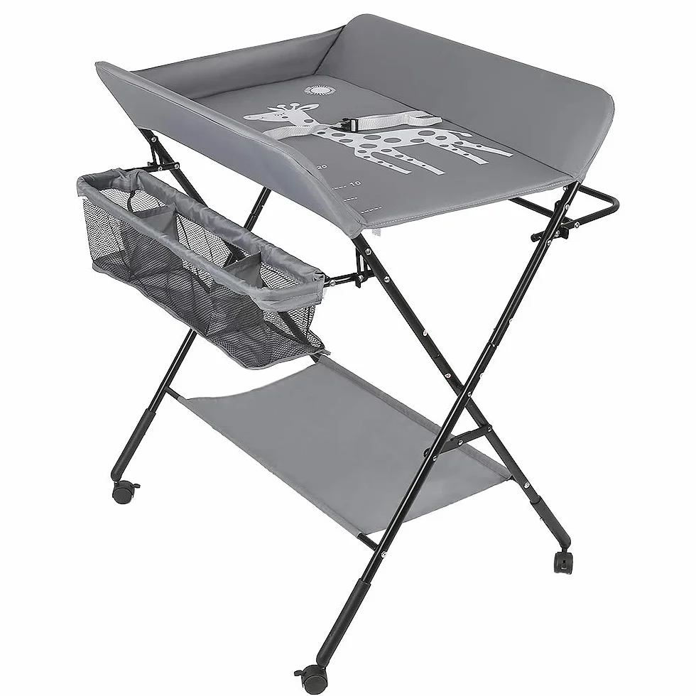 Table à Langer Pliante avec Panier de Rangement, Structure en Fer, Charge Max 25kg, 80x66x98cm, Gris