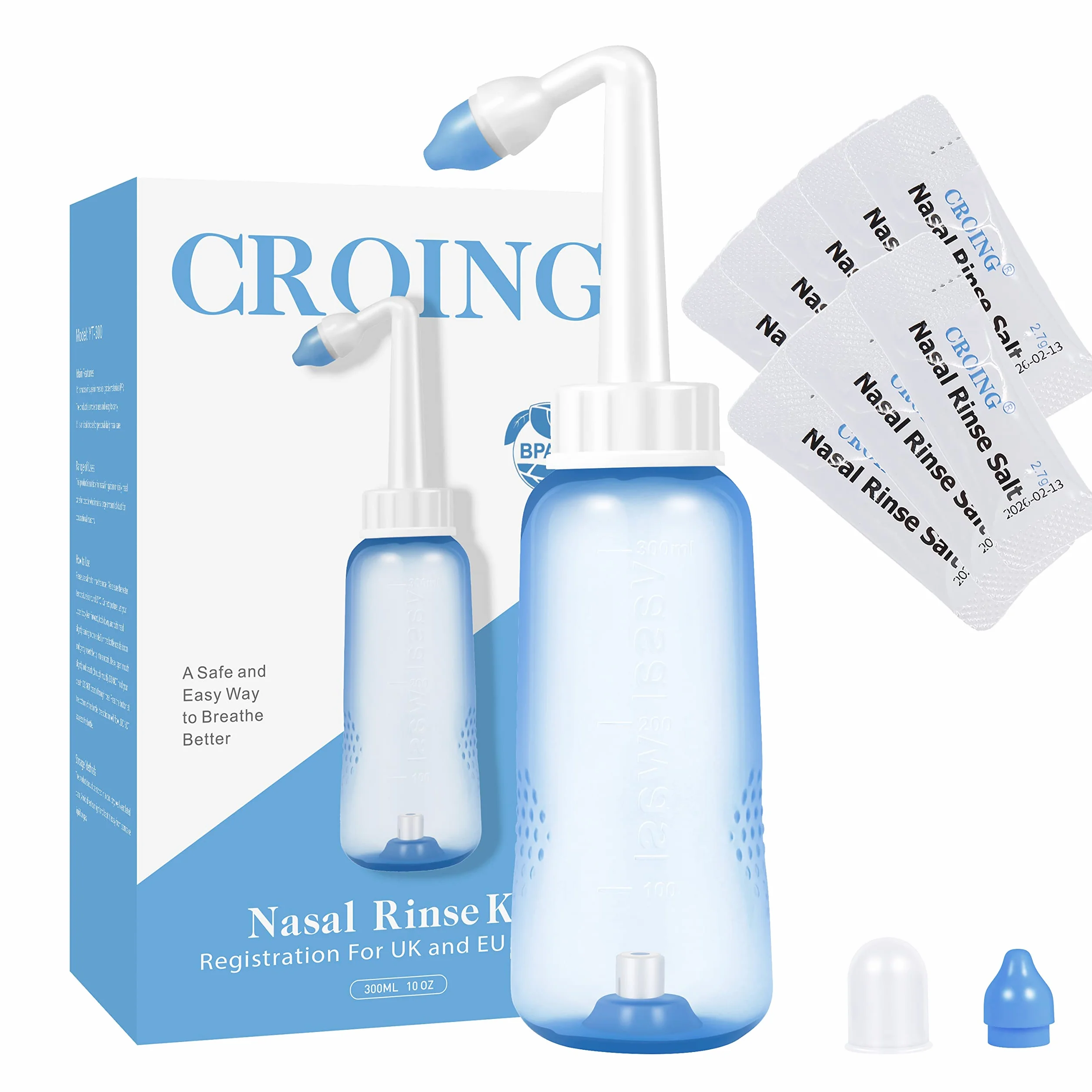 CROING Kit Lavage de Nez 300ml + 80 Sachets Sel Nasal
