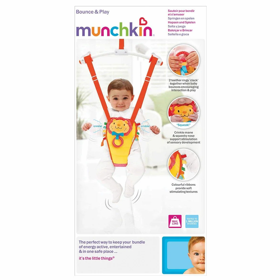 Munchkin Bouncer Cadre de Porte Bébé Bounce & Play | Bascule Réglable en Hauteur | Jouet Bébé avec Nez Sifflant & Anneaux de Morsure