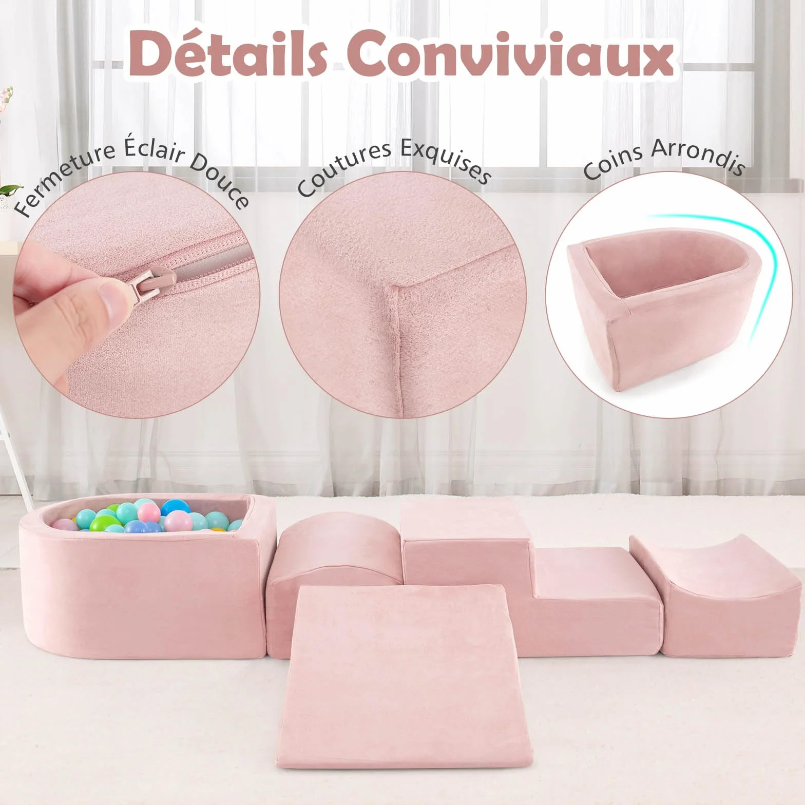 DREAMADE Parcours de motricité Bébé 5PCS avec Housse Lavable, Blocs de Construction avec Piscine à Balles, pour Enfant 3+ Ans (Rose)