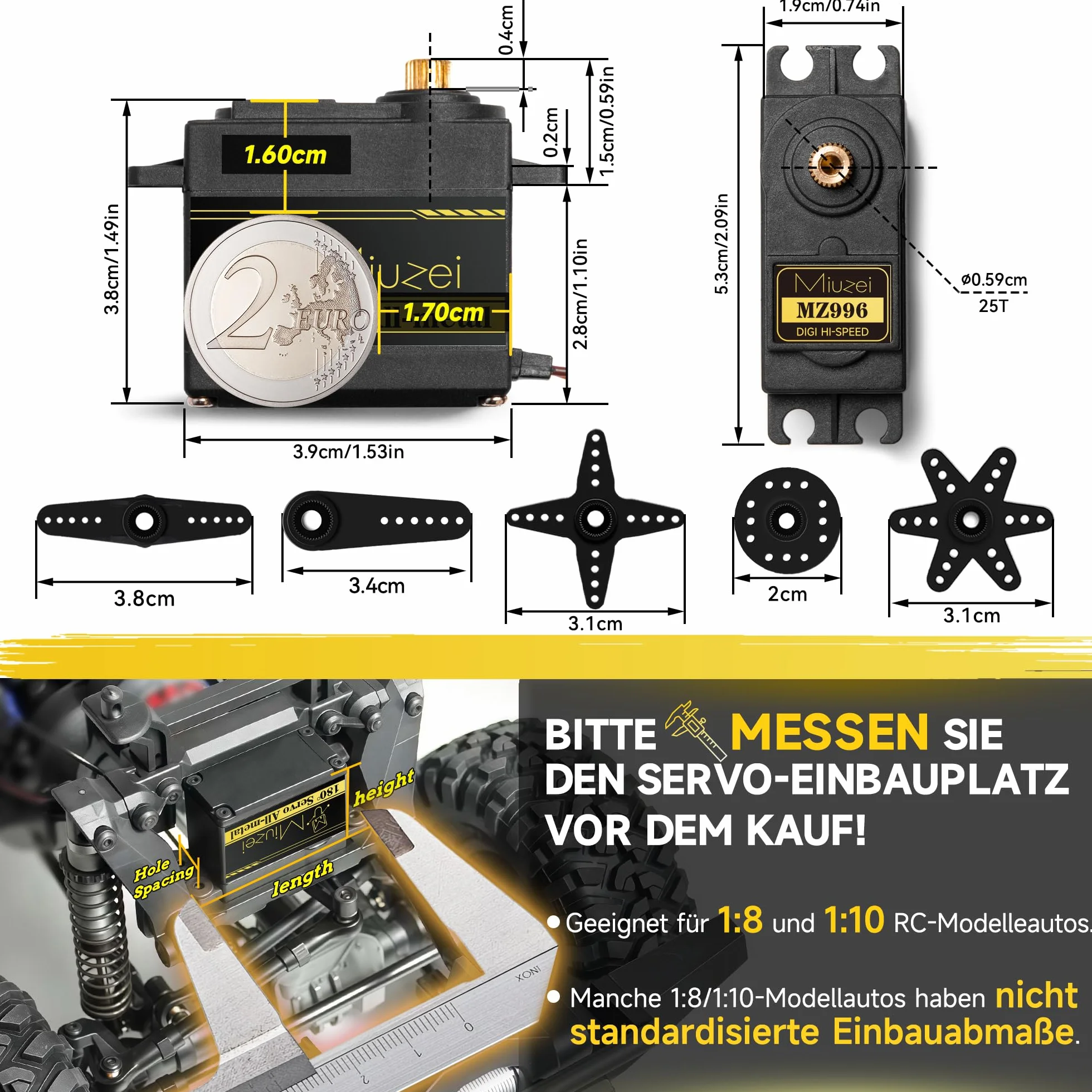 Miuzei Lot de 5 Servomoteurs Numériques 15 kg Transmission Métal Haute Vitesse Pour Voiture RC 1:8 1/10