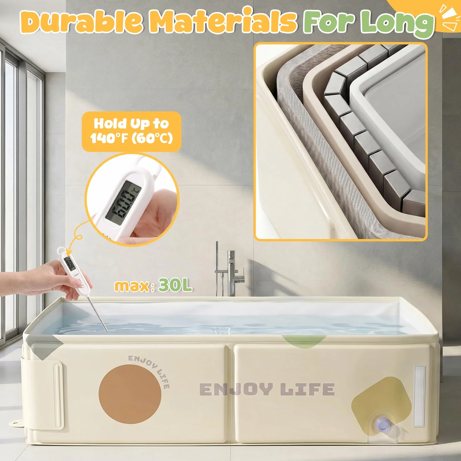 Orzbow Baignoire Pliable Bébé Portable avec étiquette de Température pour Enfants de 6 Mois+, Blanc