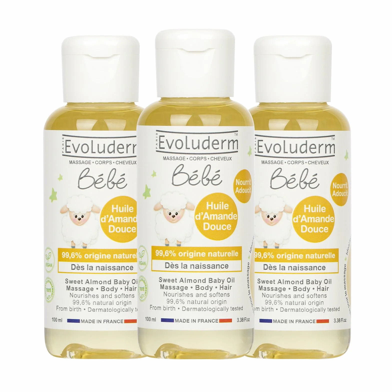 EVOLUDERM Huile d'Amande Douce Bébé 100 ml Lot de 3 99,6% d'Origine Naturelle Végan Fabrication Française