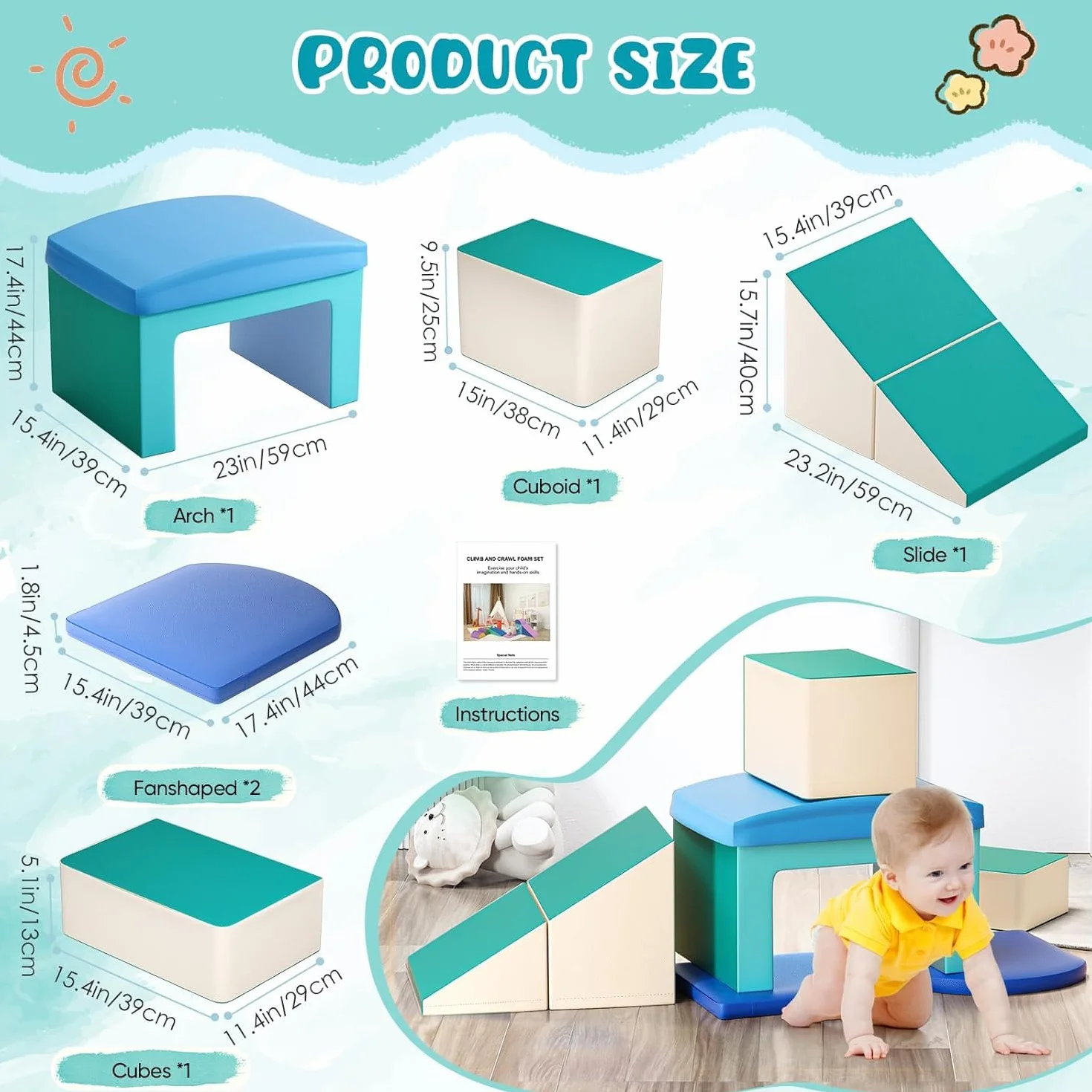 Blocs de construction en mousse pour enfants, 5 pièces souples antidérapants (bleu clair)