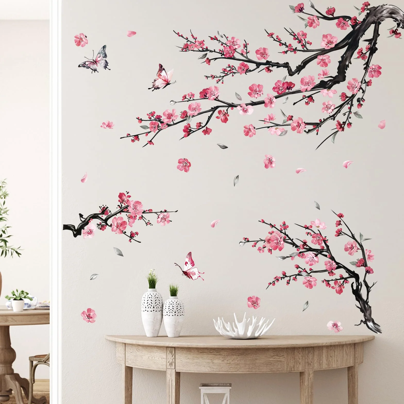 Decalmile Stickers Muraux Branche de Fleurs Rose Autocollant Mural Décoration Murale Chambre Enfants Salon