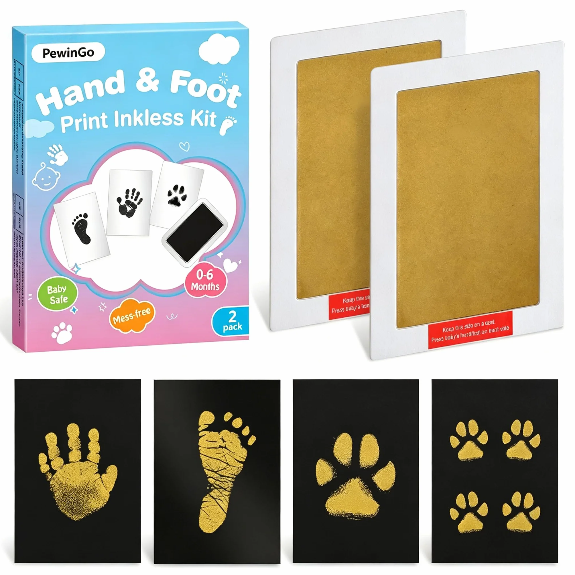 Kit Empreintes de Main et de Pied Bébé Taille XL 2 Tampons sans Encre 4 Cartes Cadeaux Souvenir Nouveau-né Doré