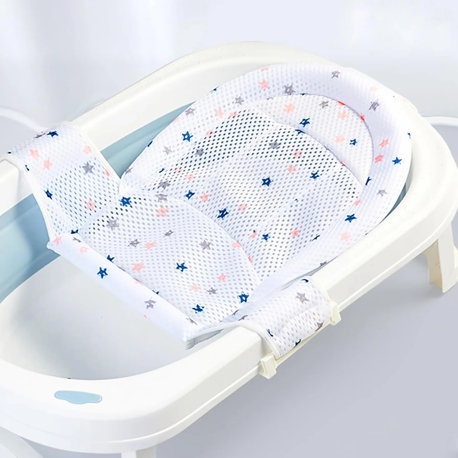 Bain en T Antidérapant pour Bébé - Blanc, Filet de Tapis maille, Support Nouveau-né avec Sangles Ajustables, Siège de Bain Confortable, 0-12 Mois