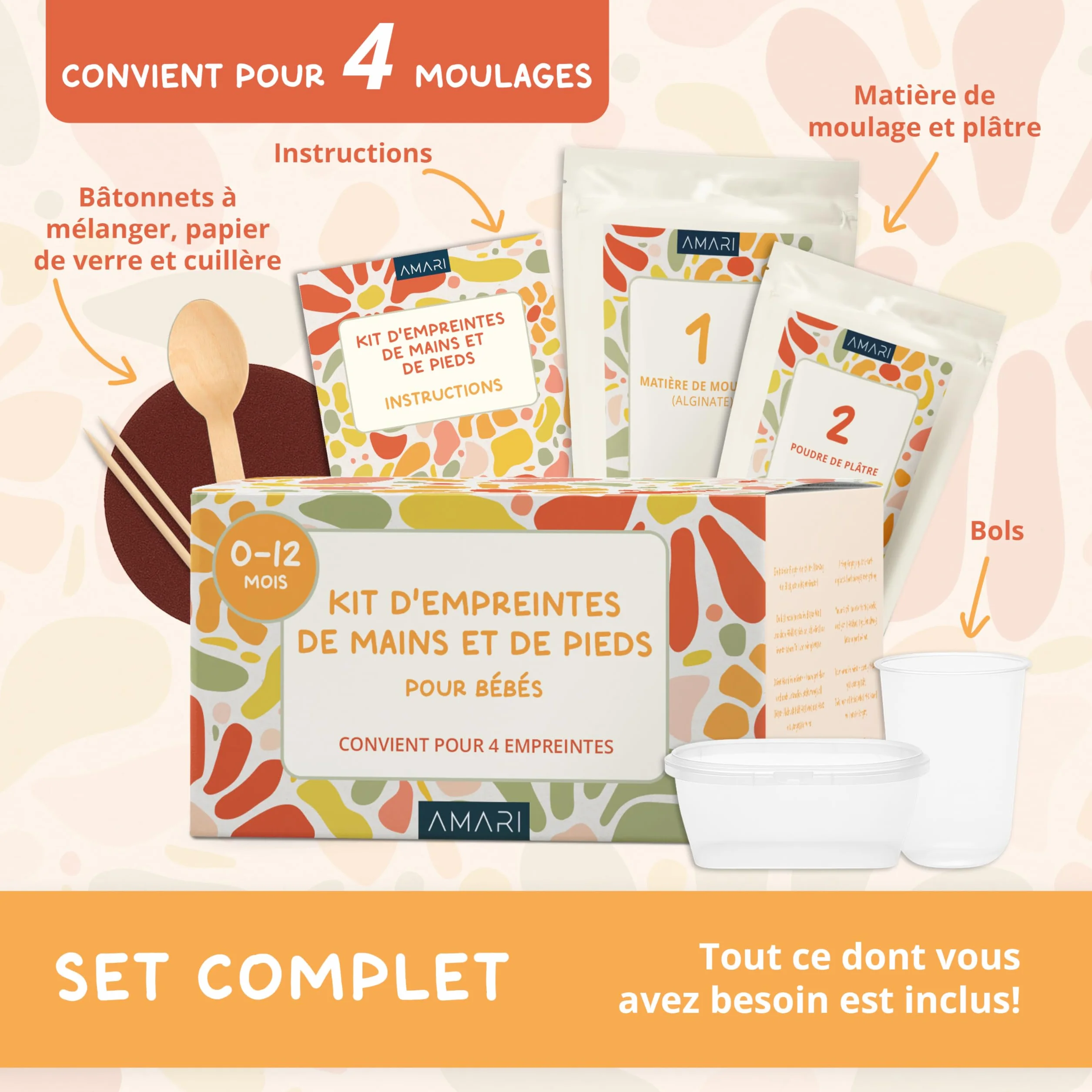 Kit d’Empreintes Bébé en Plâtre – Coffret Premium Souvenir – Cadeau de Naissance avec Plâtre et Guides