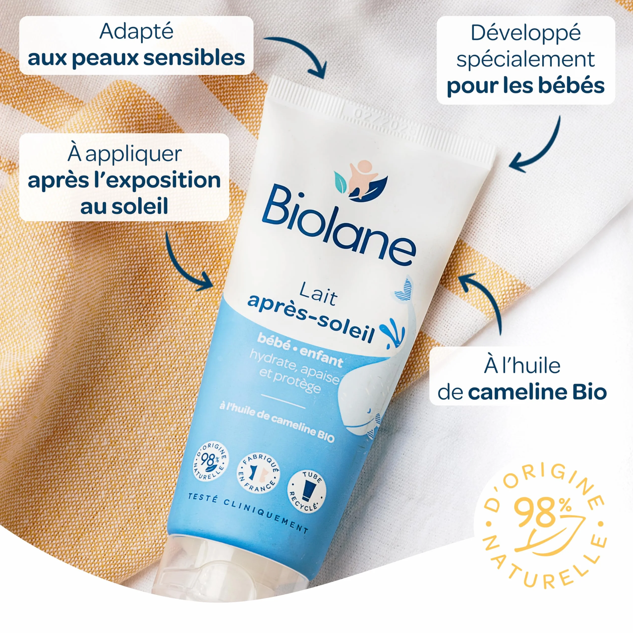 BIOLANE Lait après soleil Bébé Apaise et protège Peaux Sensibles Huile de Cameline BIO 98 % d'origine naturelle Fabriqué en France