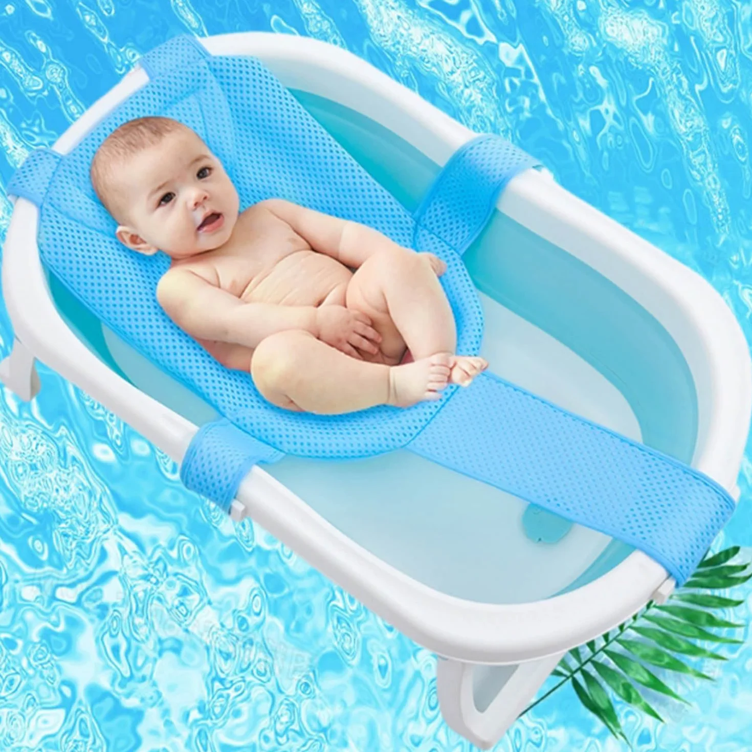 Tapis de Bain Bébé Filet de Bain antidérapant avec Ceinture de sécurité Maille réglable Bleu