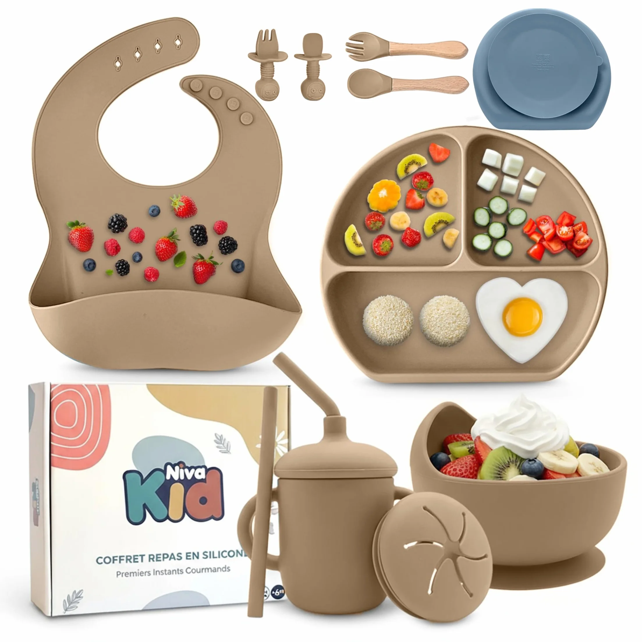 Coffret Repas Bébé Silicone Set Vaisselle 1er Âge Assiette Ventouse Cuillère Bavoir Tasse Sans BPA DME Bébé Beige
