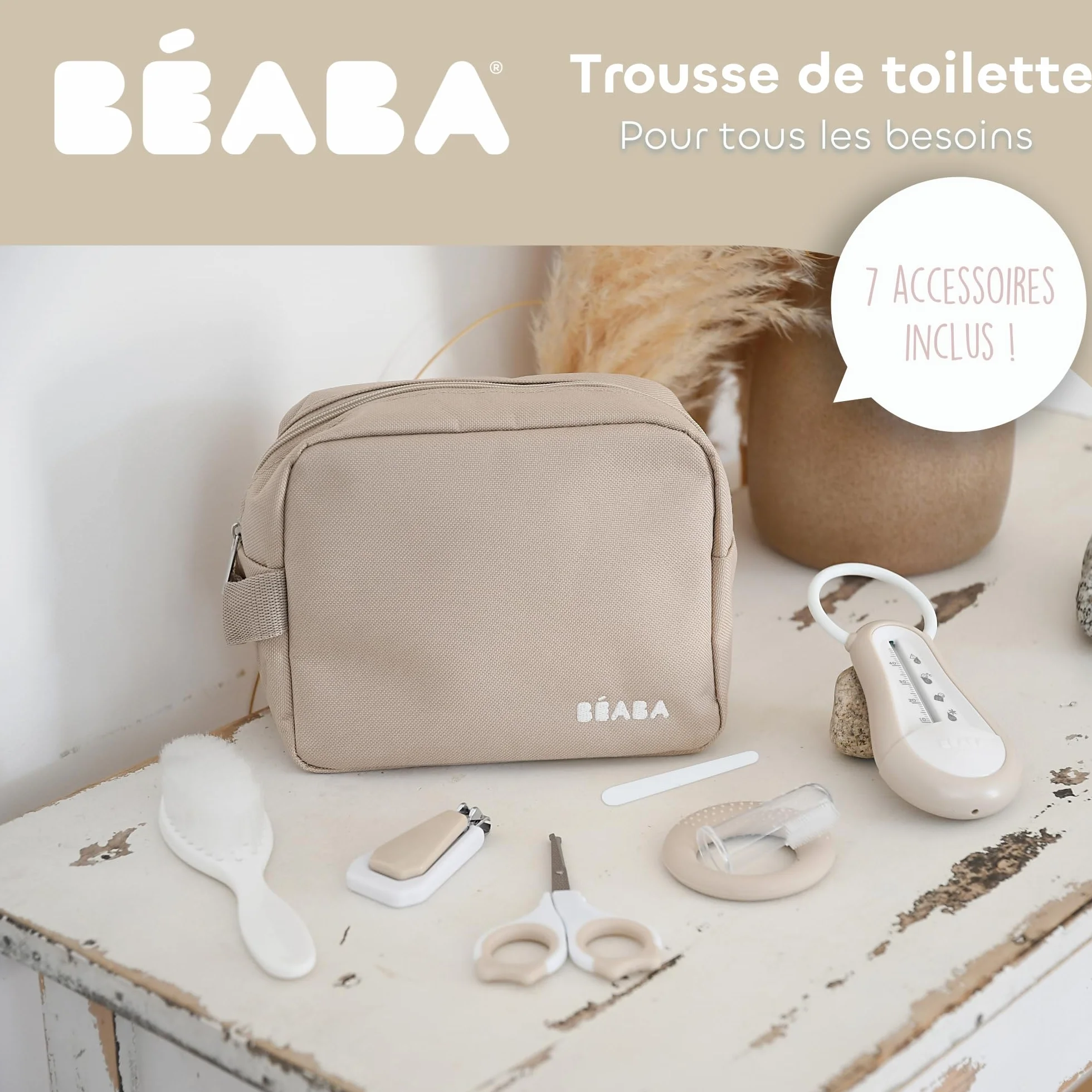 BÉABA Trousse de Toilette Bébé Nomade 7 Accessoires Essentiels Format Compact Argile
