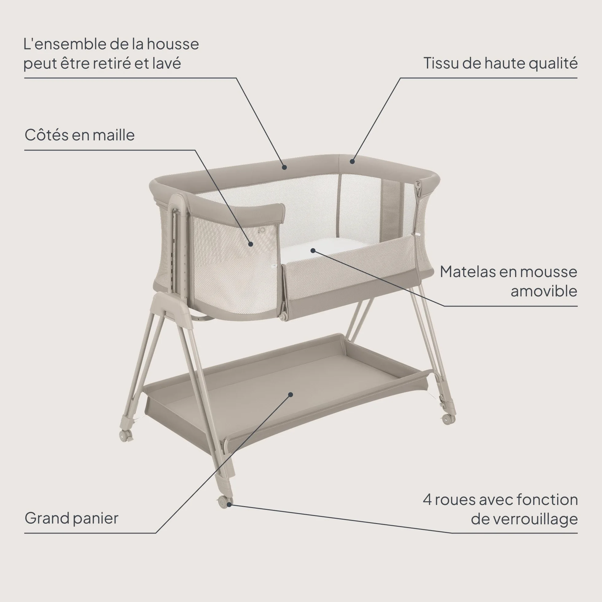 Lionelo Luna Lit Bebe Indépendant Cododo avec Matelas Co-Sleeping Nouveau-né 9 kg Hauteur Inclinaison Réglables 4 Roues Blocage Fixation Lit Parents Aéré Beige
