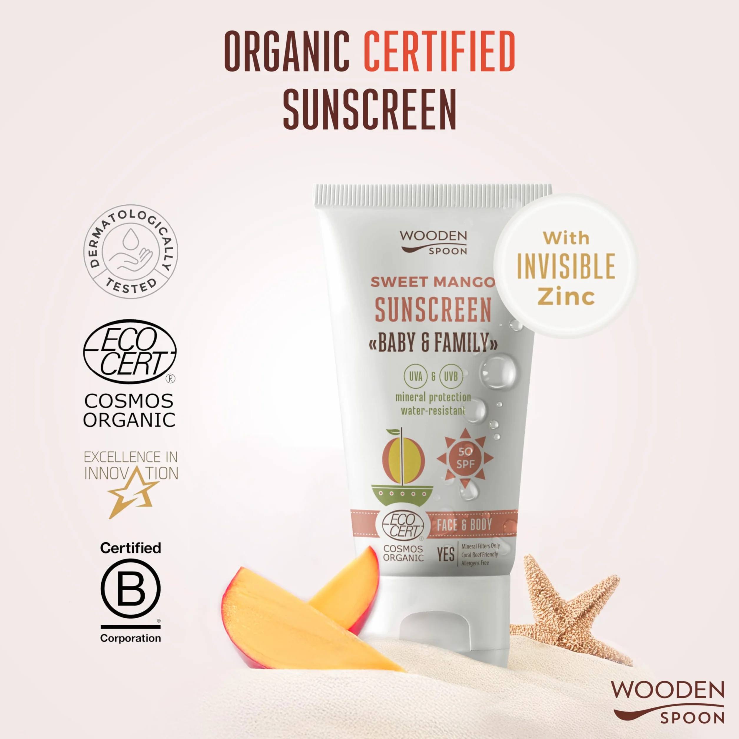Crème Solaire Bio Bébé & Famille SPF 50 Sweet Mango 150 ml – Zinc Invisible, Sans Trace Blanche, Hypoallergénique, Vegan